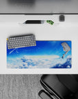 Cobalt blue and white anime mouse pad 28x12 inches, calm uplifting sky scene with sparkle droplets.