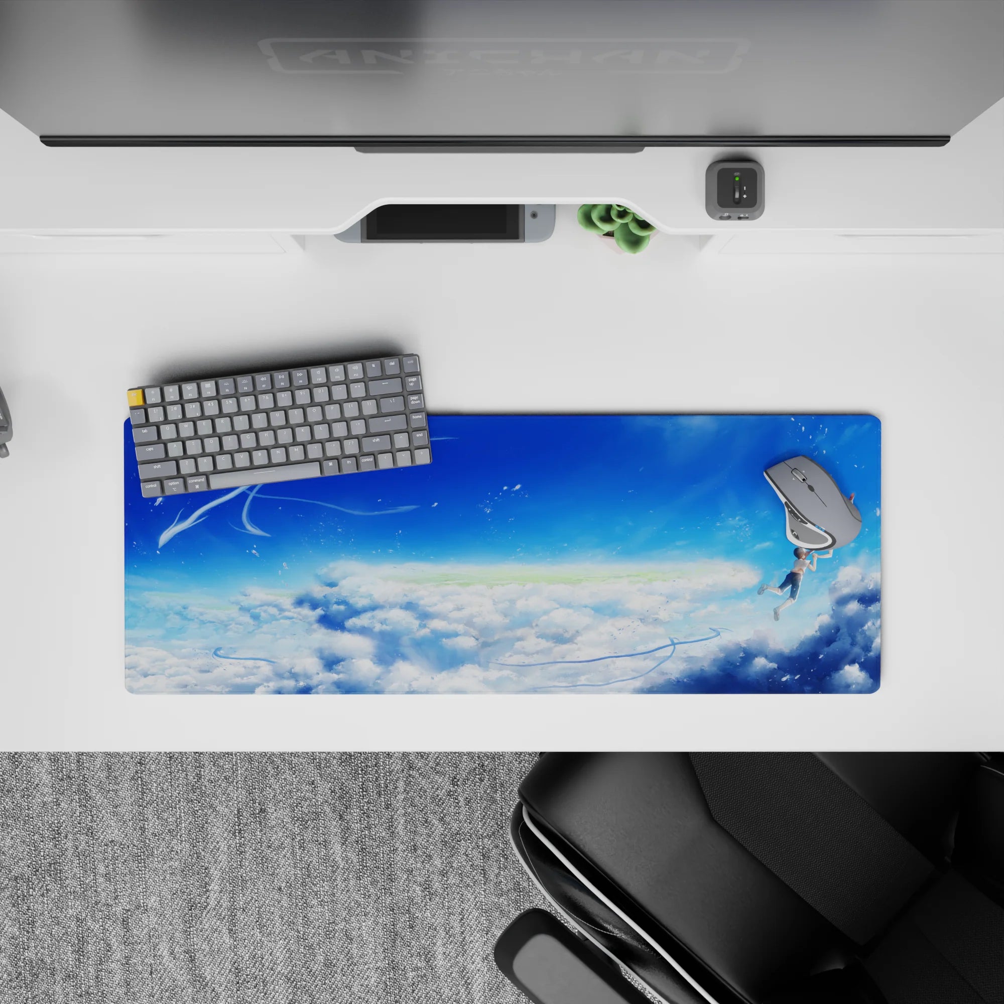 32x12 inches anime mouse pad in bright cobalt blue and airy whites, calm uplifting sky scene with sparkles.