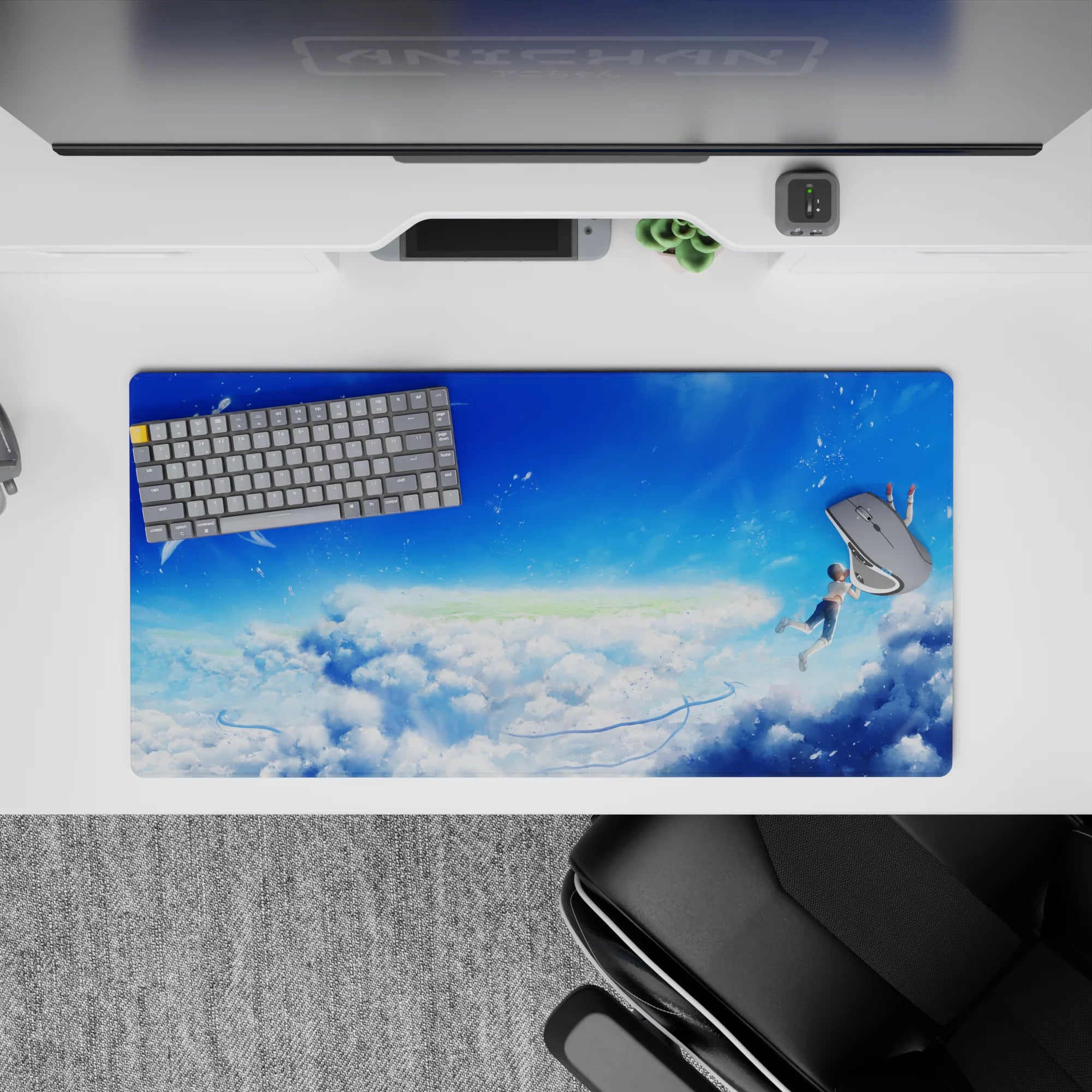 32x16 inches anime mouse pad in bright cobalt blue and soft white clouds, calm and uplifting.