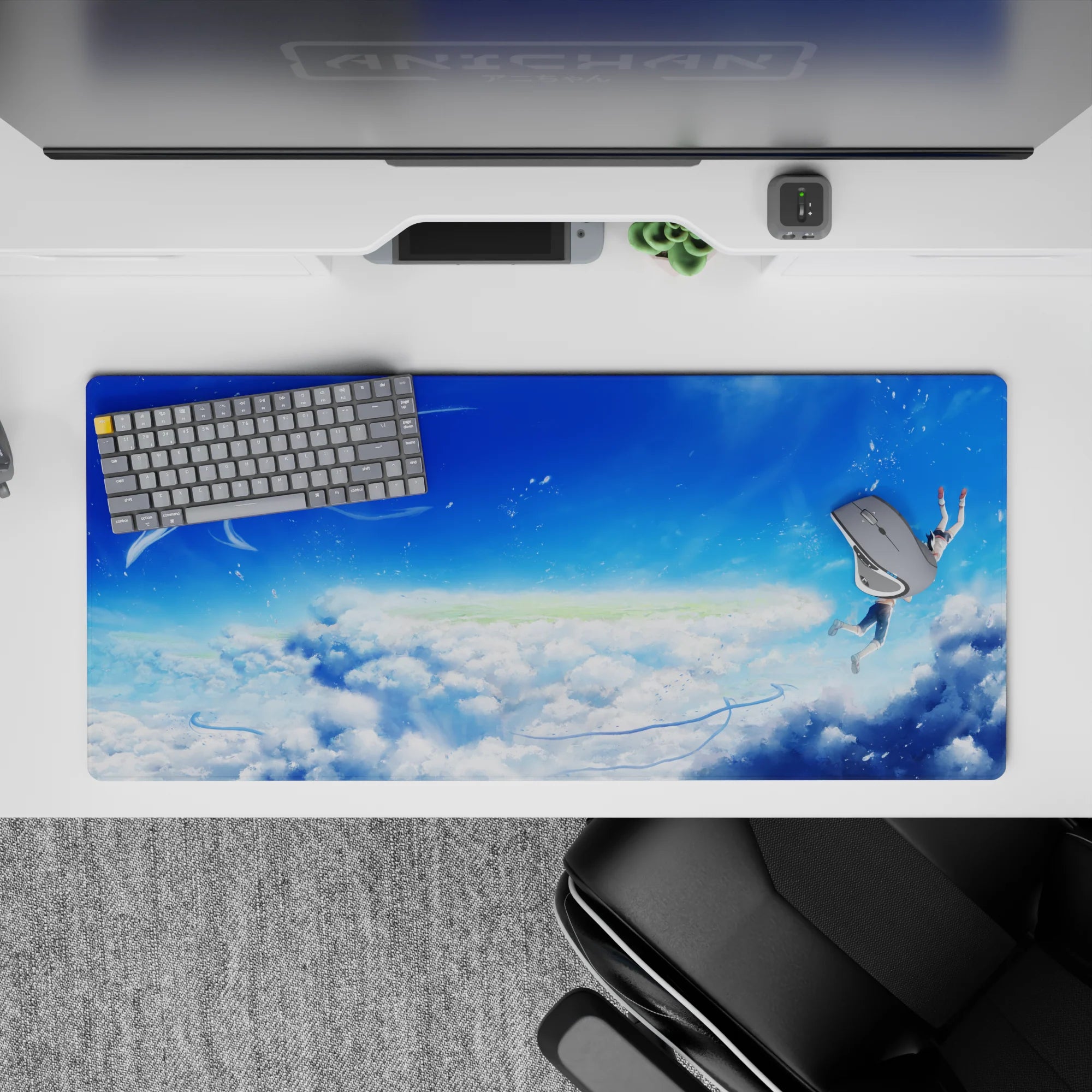36x16 inches anime desk pad in bright cobalt blue and soft whites, calm airy mood with sparkly droplets.