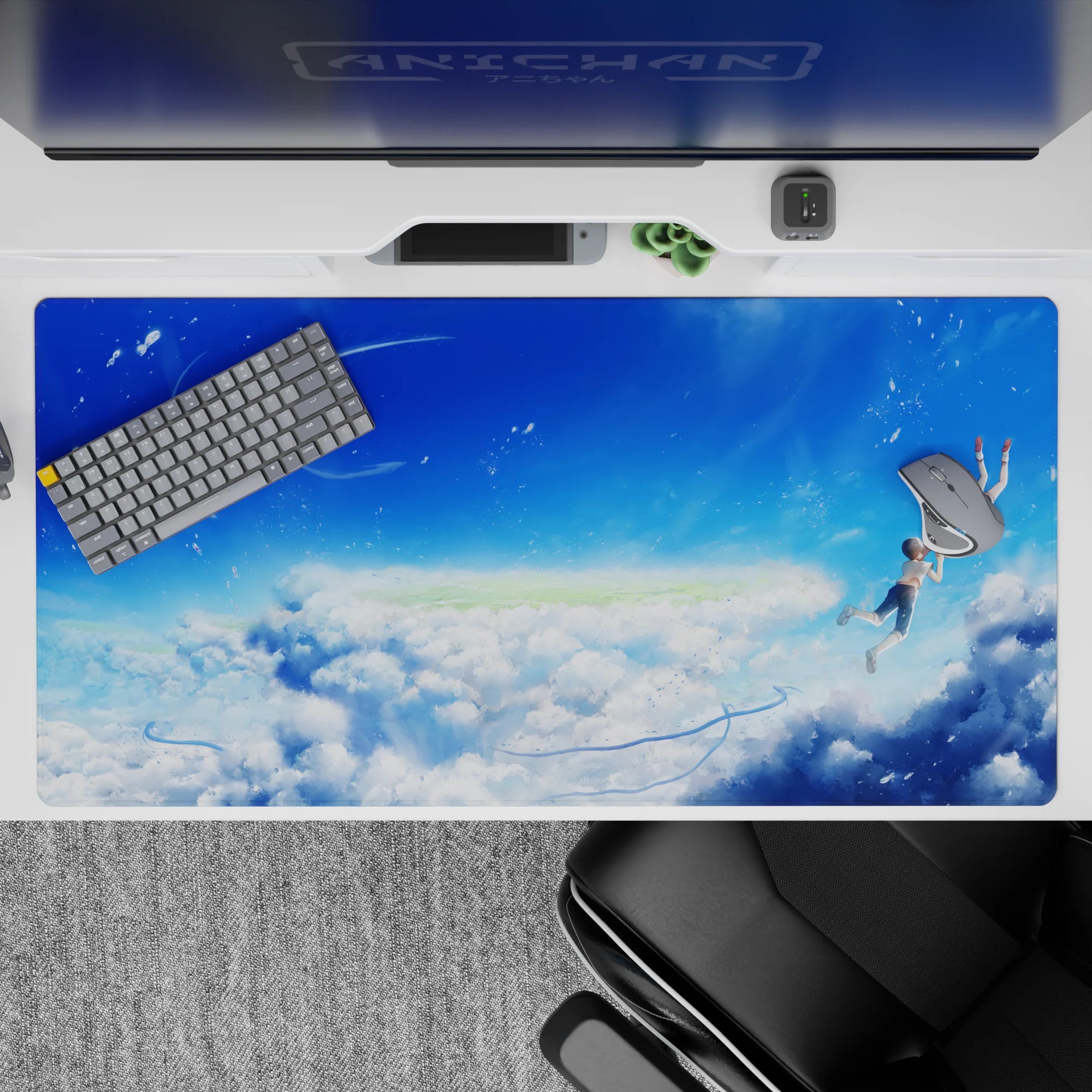 Cobalt blue and airy white anime desk pad 40x20 inches with calm, uplifting wind-swept mood.