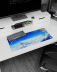 Two drifting school-uniform teens nearly touching fingertips on anime mouse pad 28x12 inches.