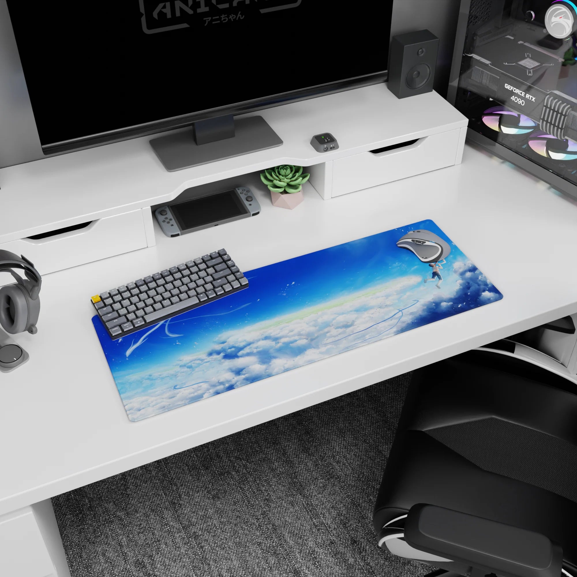 32x12 inches anime mouse pad showing two teens floating midair, fingertips nearly touching above a cloud horizon.