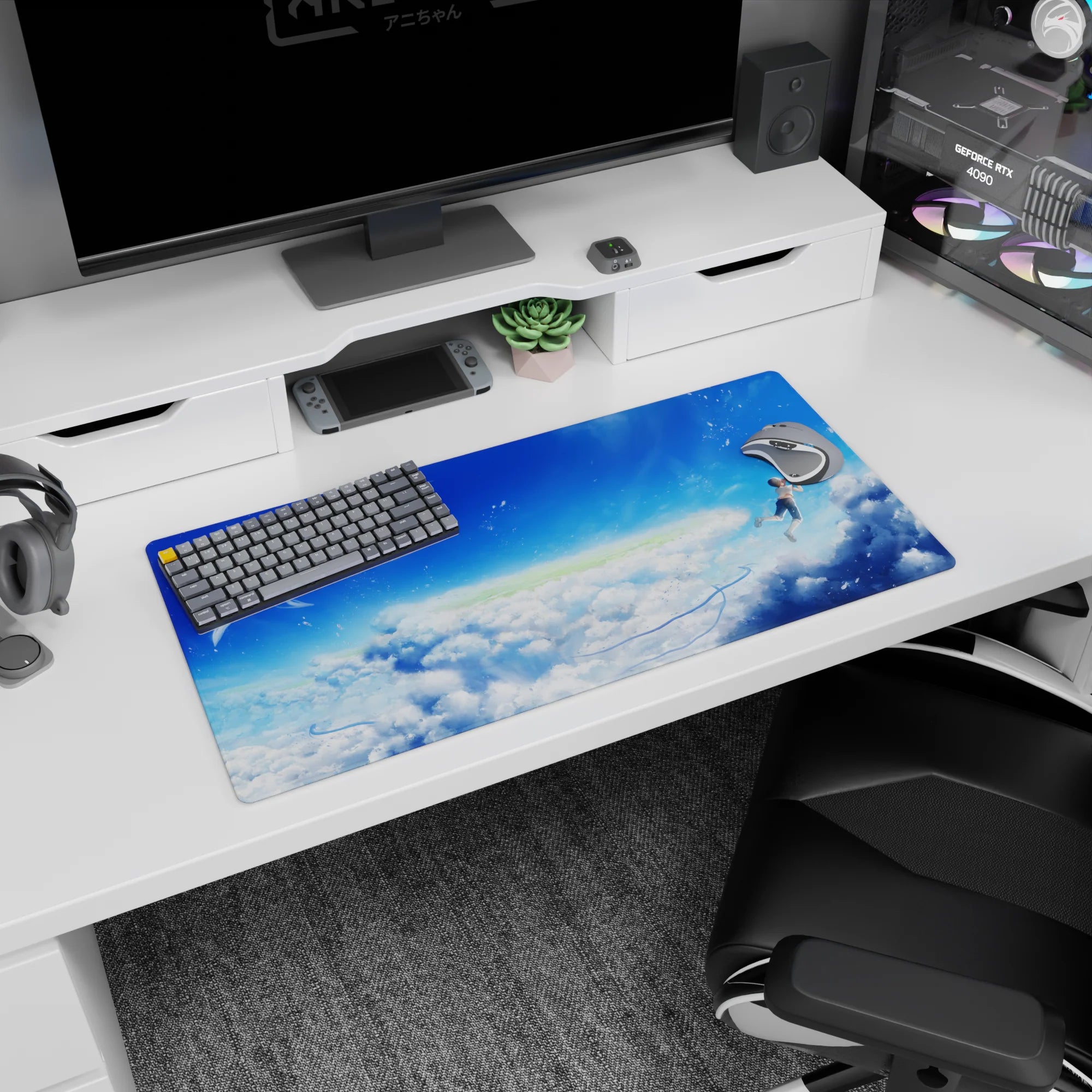 32x16 inches anime mouse pad showing two teens drifting weightless, fingertips nearly touching in clouds.