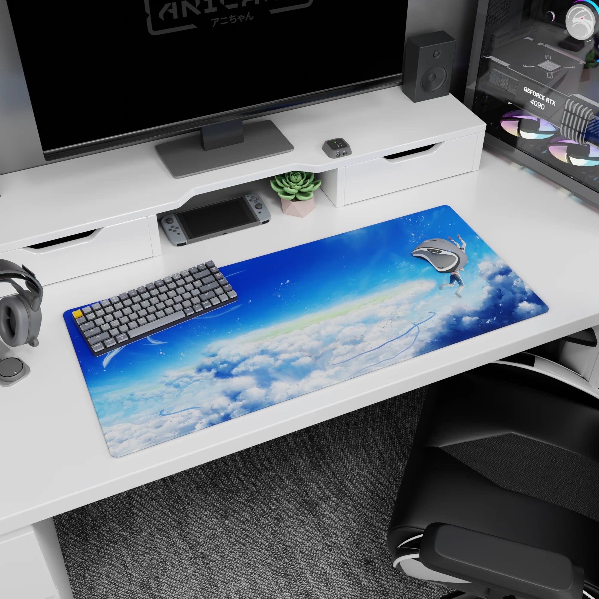 36x16 inches anime desk pad showing two uniformed teens drifting weightless, fingertips nearly touching.