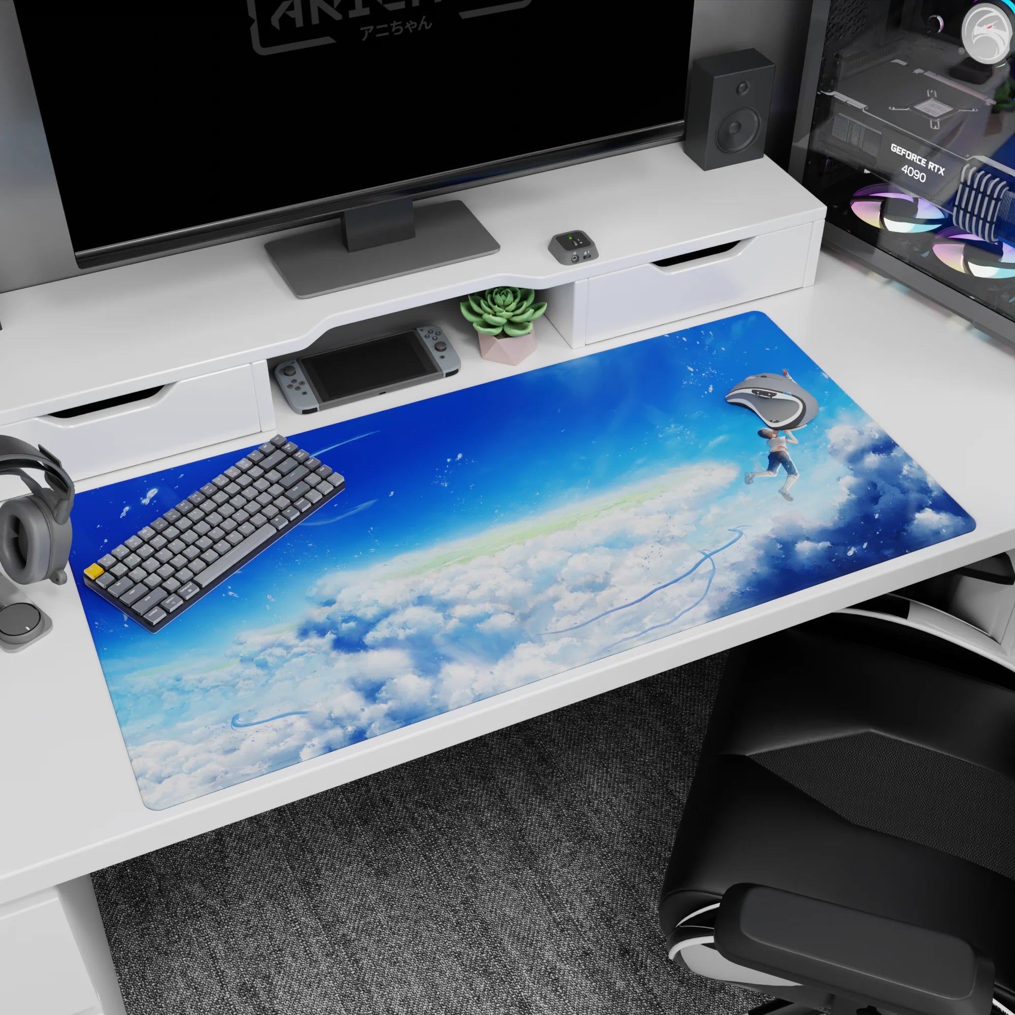 40x20 inches anime desk pad showing two uniformed teens drifting in clouds, fingertips almost touching.