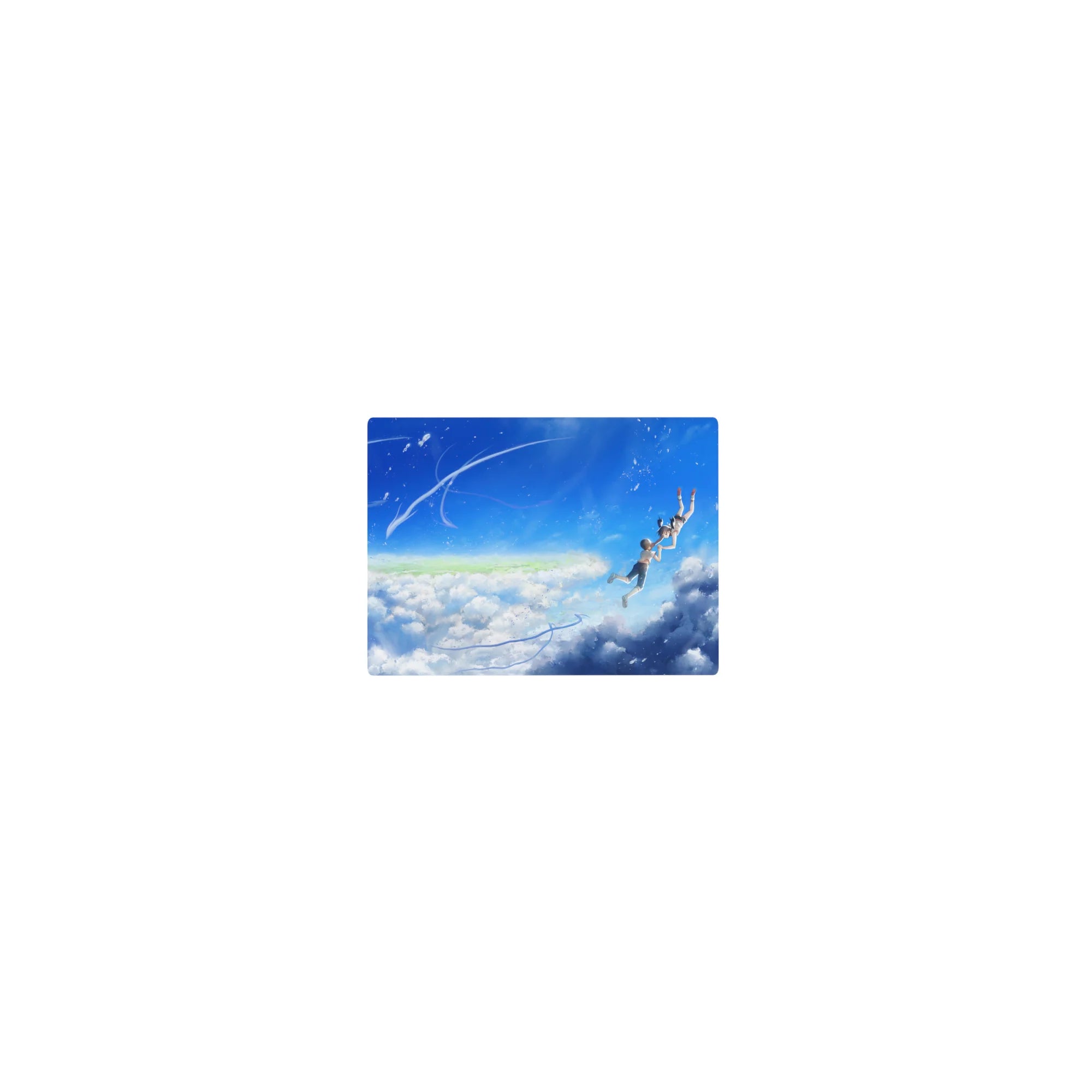 14x10 inches classic anime mouse pad with teens floating in a summer sky, uniforms fluttering, clean layout.