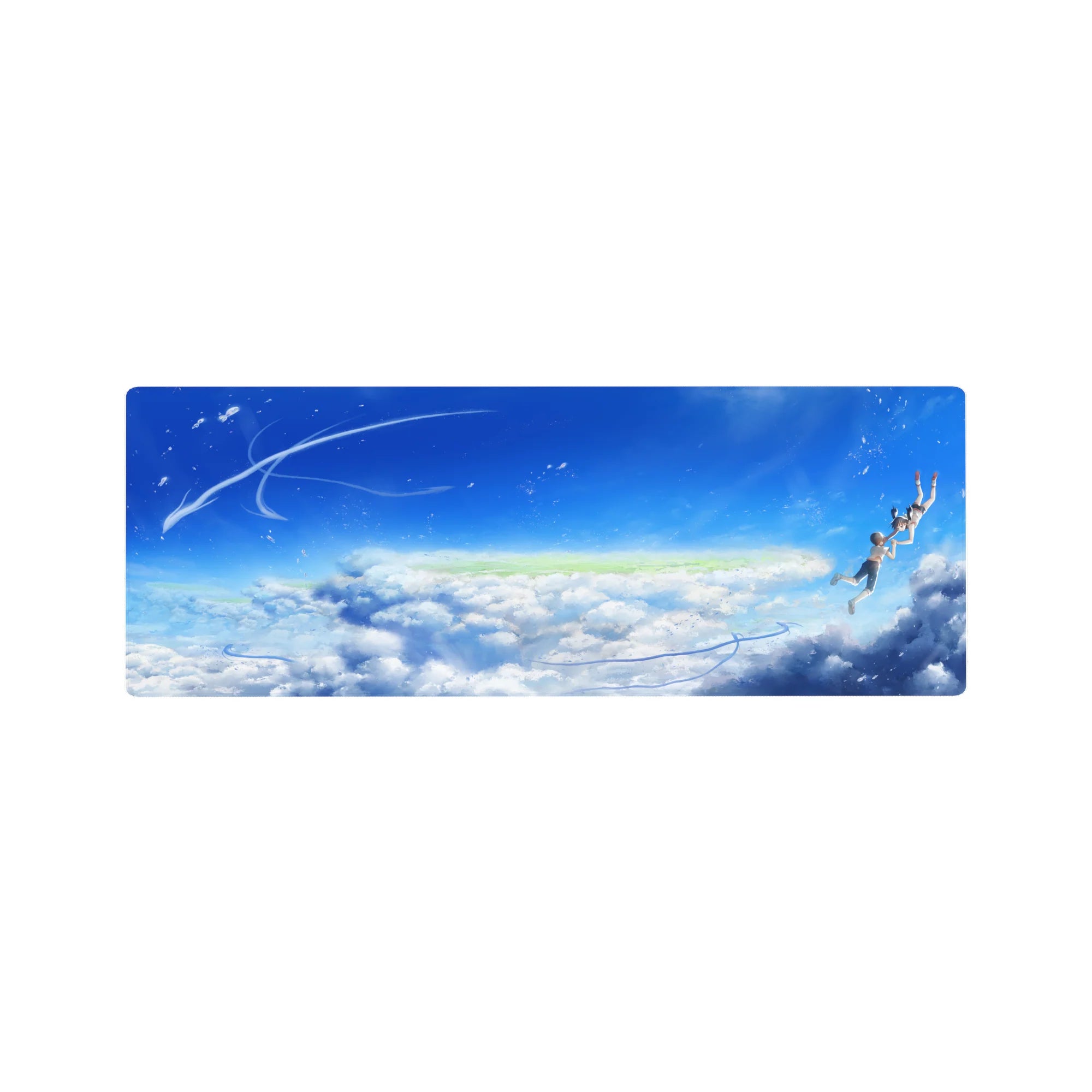 32x12 inches anime mouse pad with summer sky, soft clouds, and drifting teens in fluttering school uniforms.