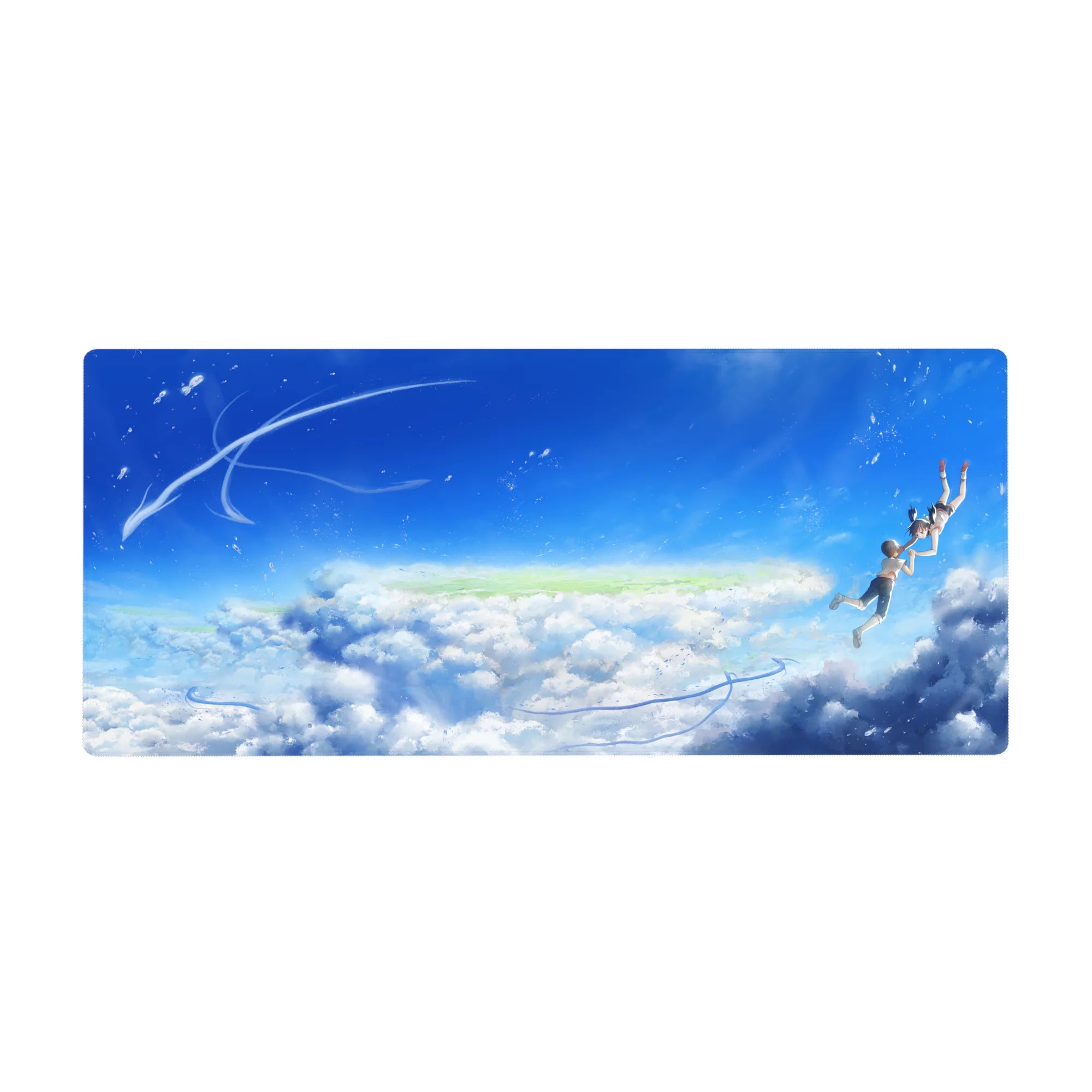 36x16 inches anime desk pad with teens floating in a summer sky, cobalt clouds and clean composition.