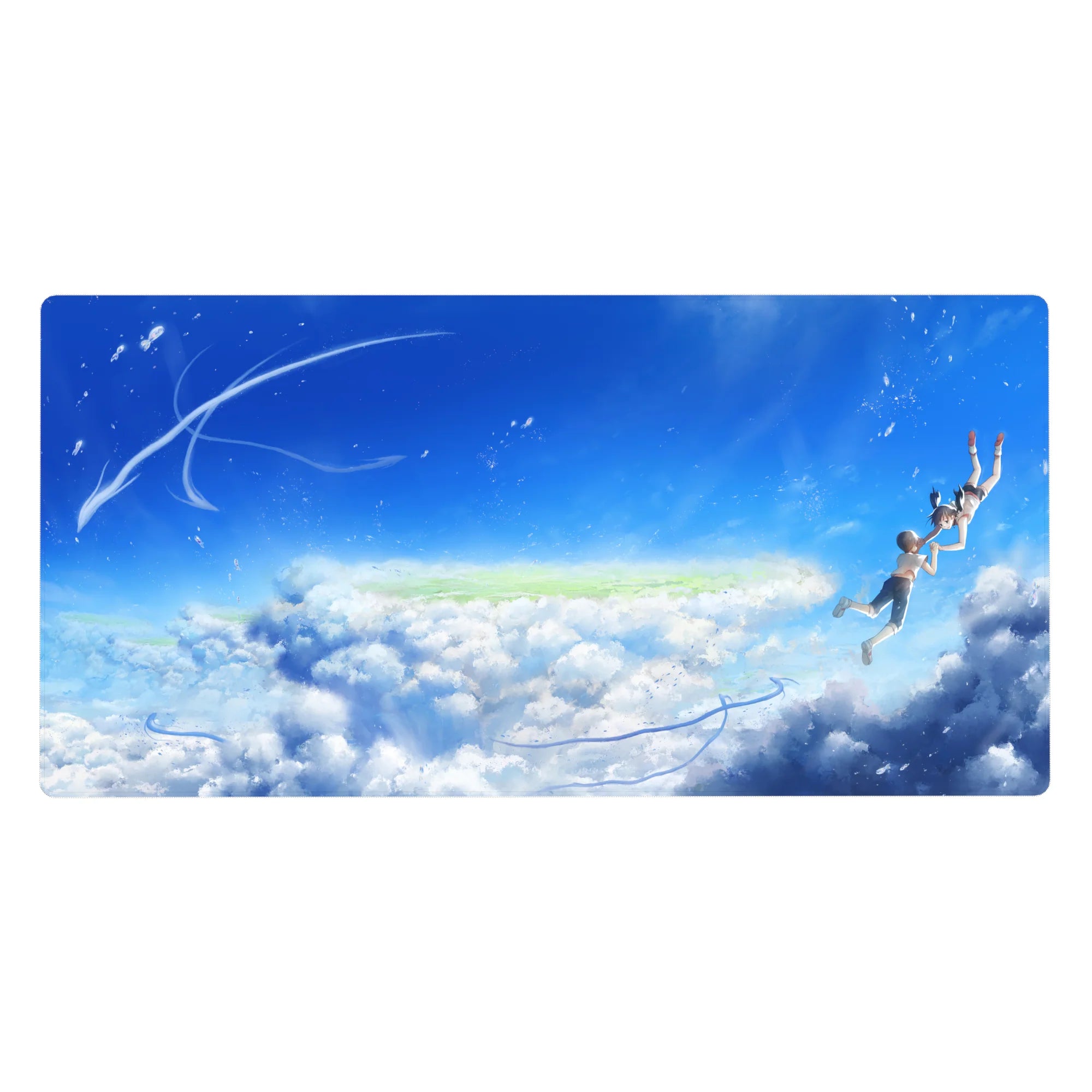 Anime desk pad 40x20 inches with two floating teens under a wide summer sky and soft clouds.