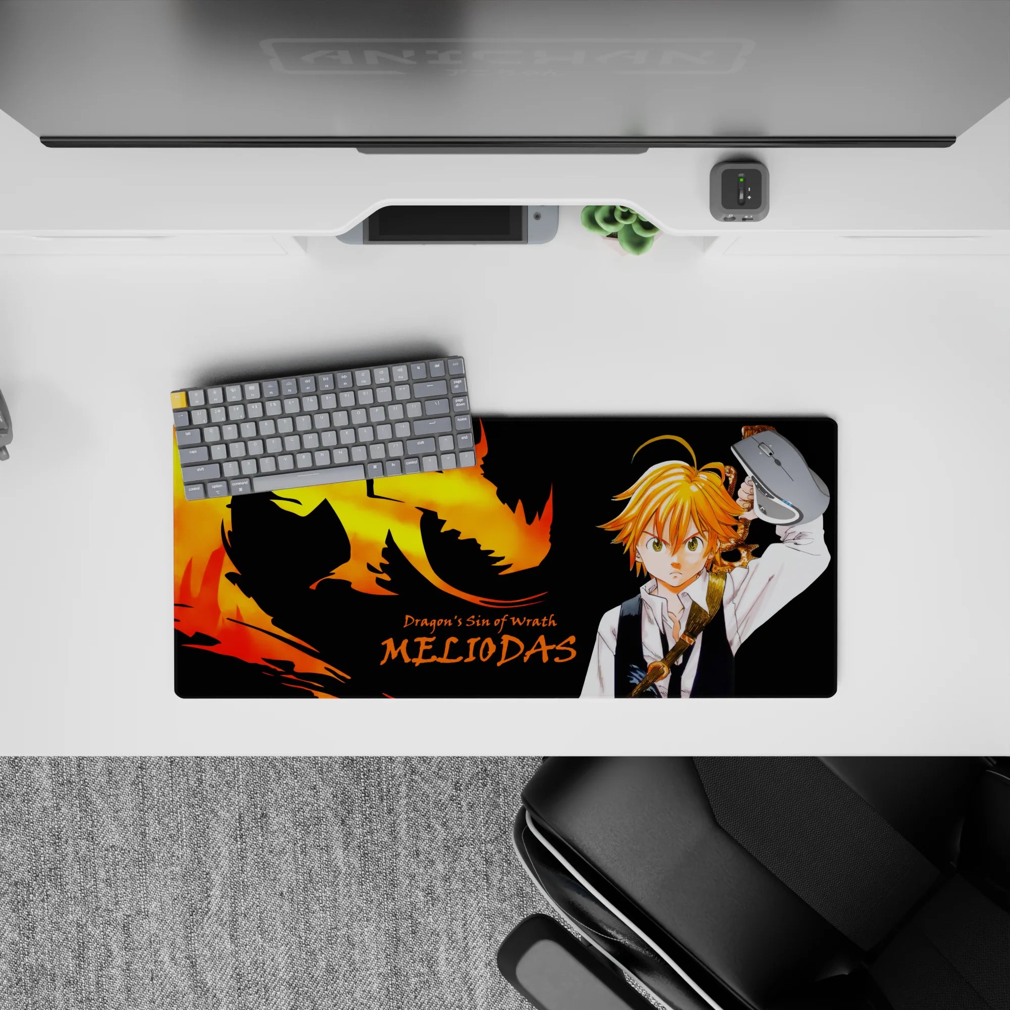 28x12 inches anime mouse pad in black with fiery orange-gold dragon glow, bold wrath vibe for gaming setups.