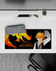 28x12 inches anime mouse pad in black with fiery orange-gold dragon glow, bold wrath vibe for gaming setups.