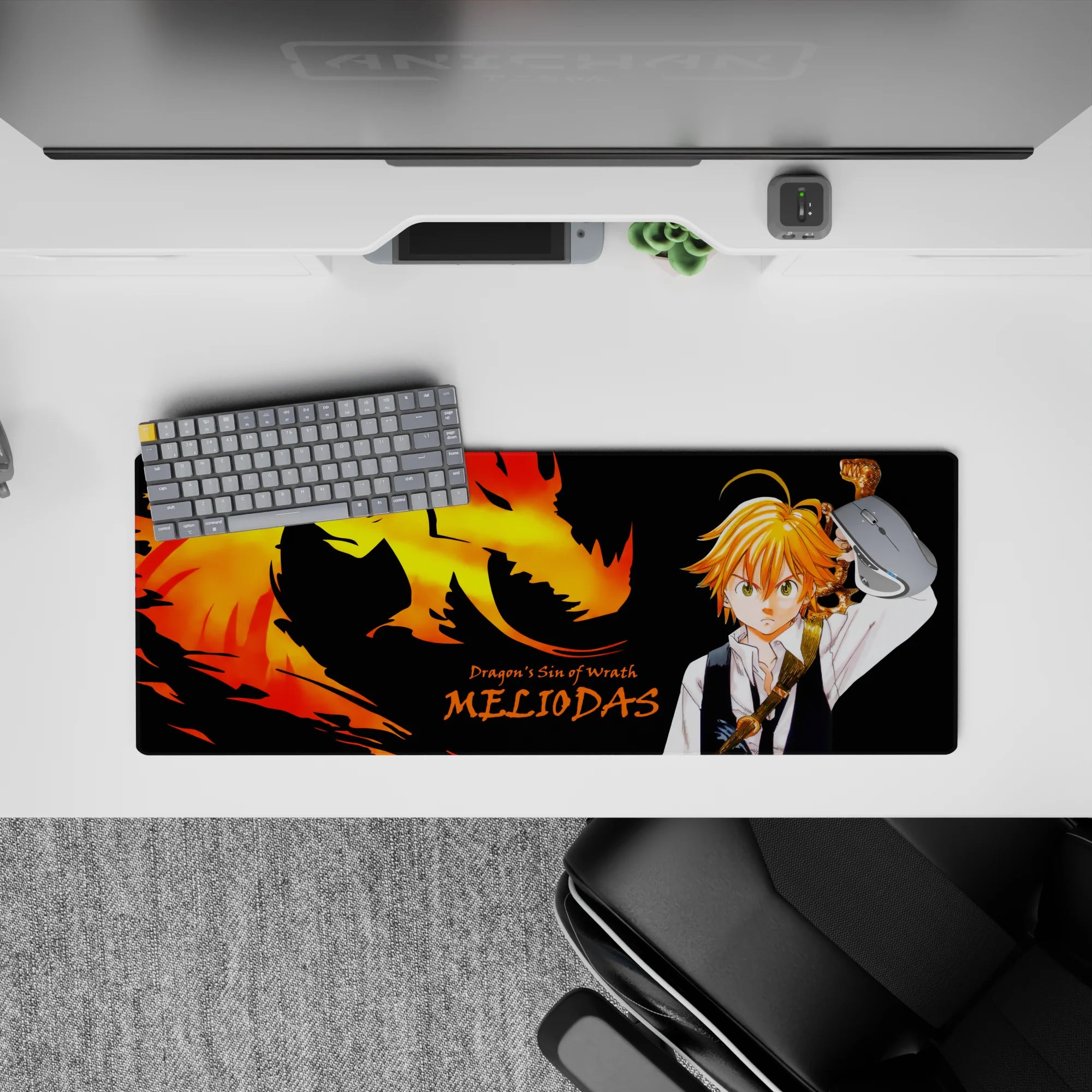 Black and fiery orange-gold anime mouse pad 32x12 inches with intense dragon glow and bold typography.
