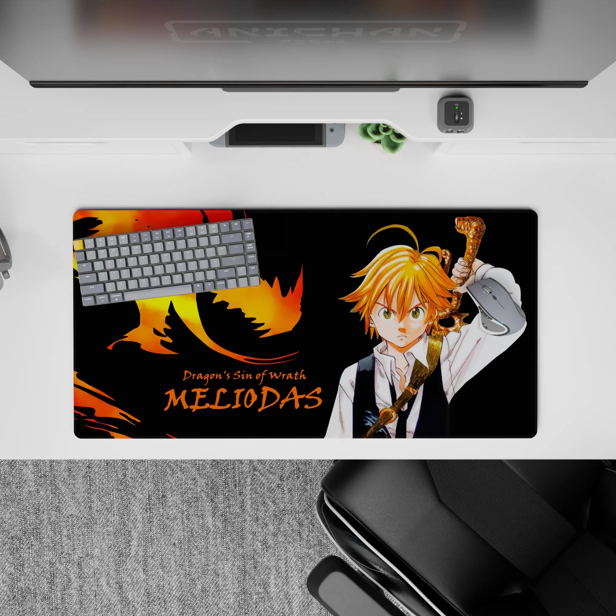 Black mouse pad with fiery orange-gold dragon glow and intense anime vibe, 32x16 inches.
