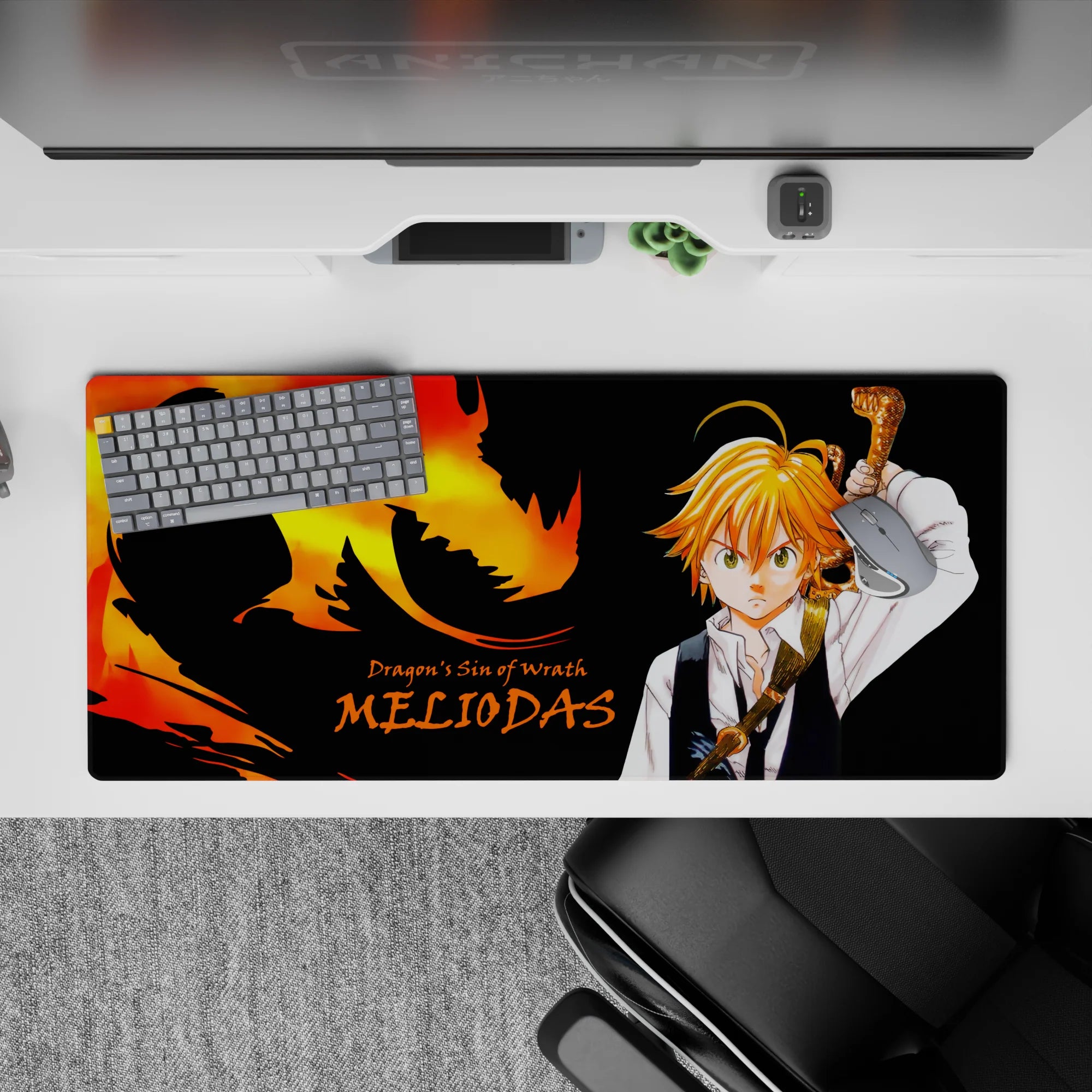 Black desk pad with fiery orange-gold dragon glow and intense wrath vibe, 36x16 inches.