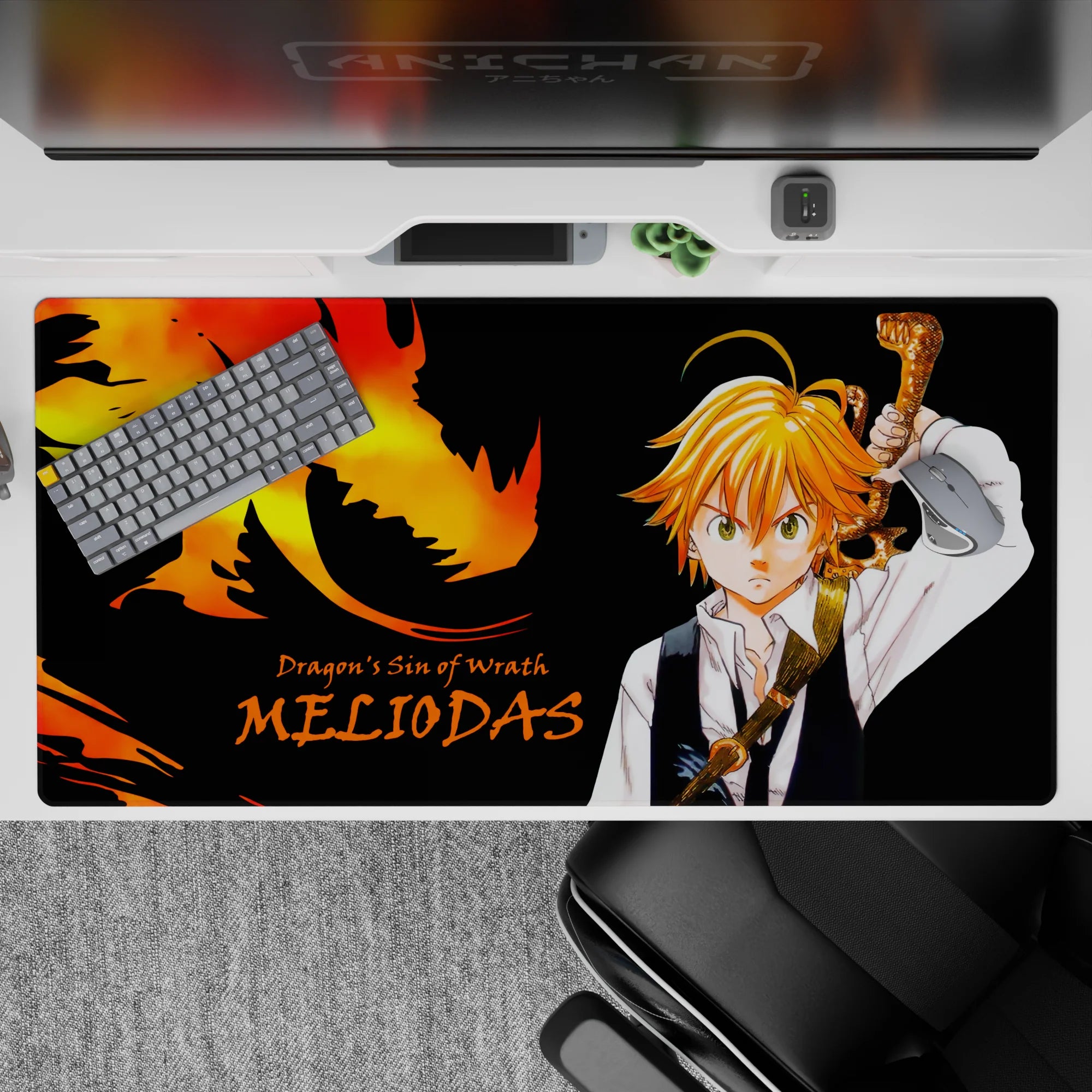 Black and orange-gold fiery dragon theme anime desk pad 40x20 inches, bold high-contrast gaming mat.