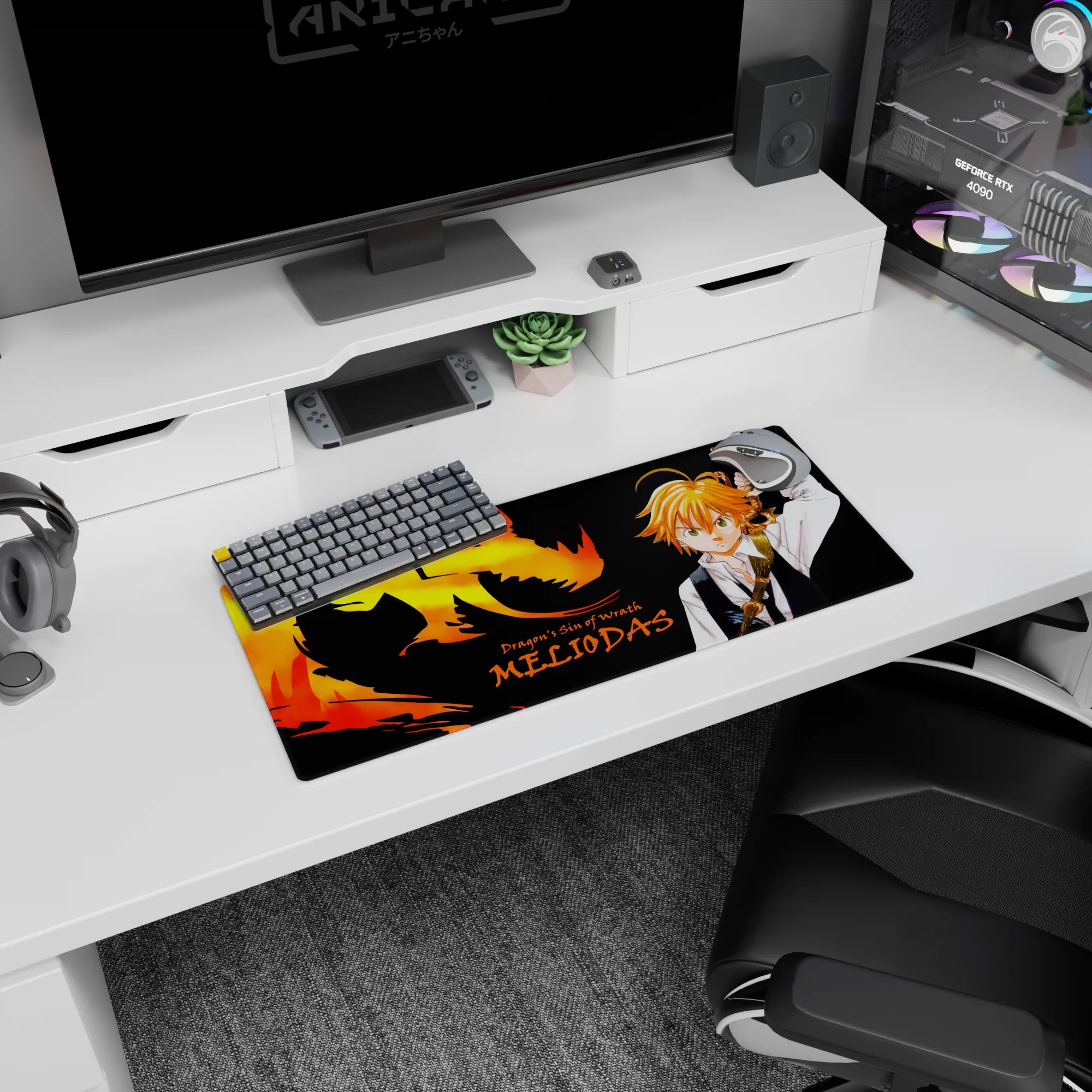 28x12 inches anime mouse pad showing Meliodas staring forward, sword up, crisp shirt and vest over blazing dragon.