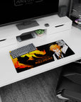 28x12 inches anime mouse pad showing Meliodas staring forward, sword up, crisp shirt and vest over blazing dragon.