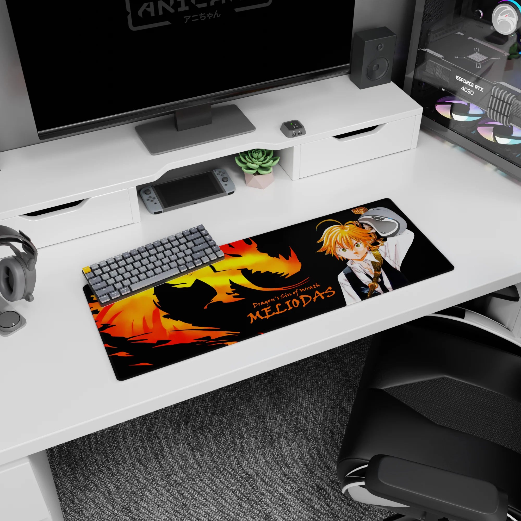 Meliodas with sword raised on an anime mouse pad 32x12 inches, white shirt and dark vest details.