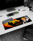 Meliodas with sword raised on an anime mouse pad 32x12 inches, white shirt and dark vest details.