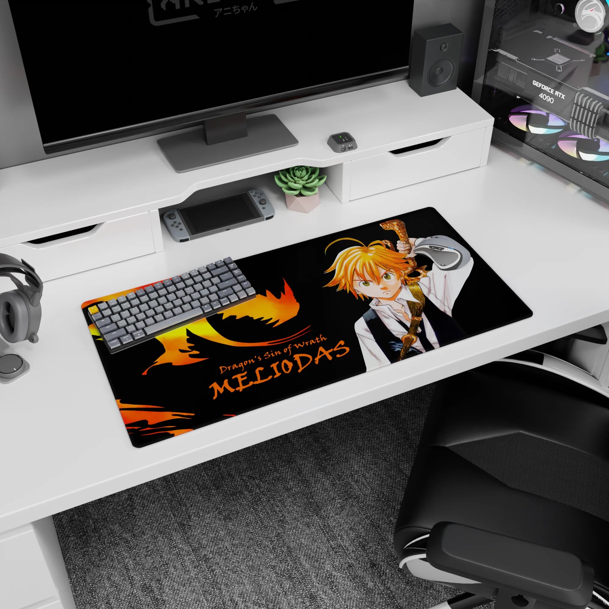 Meliodas with raised sword in white shirt and dark vest on anime mouse pad, 32x16 inches.