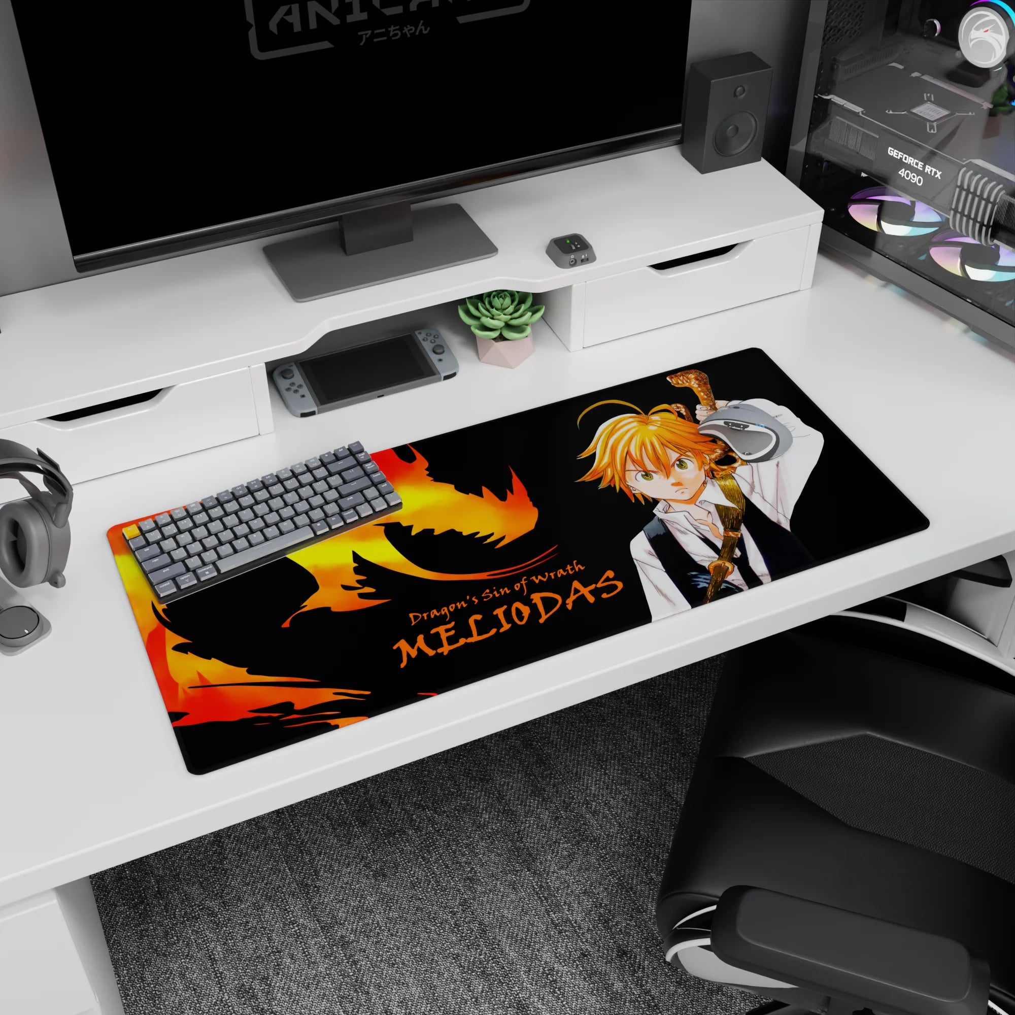 Meliodas stares forward with sword raised on anime desk pad, crisp details, 36x16 inches.