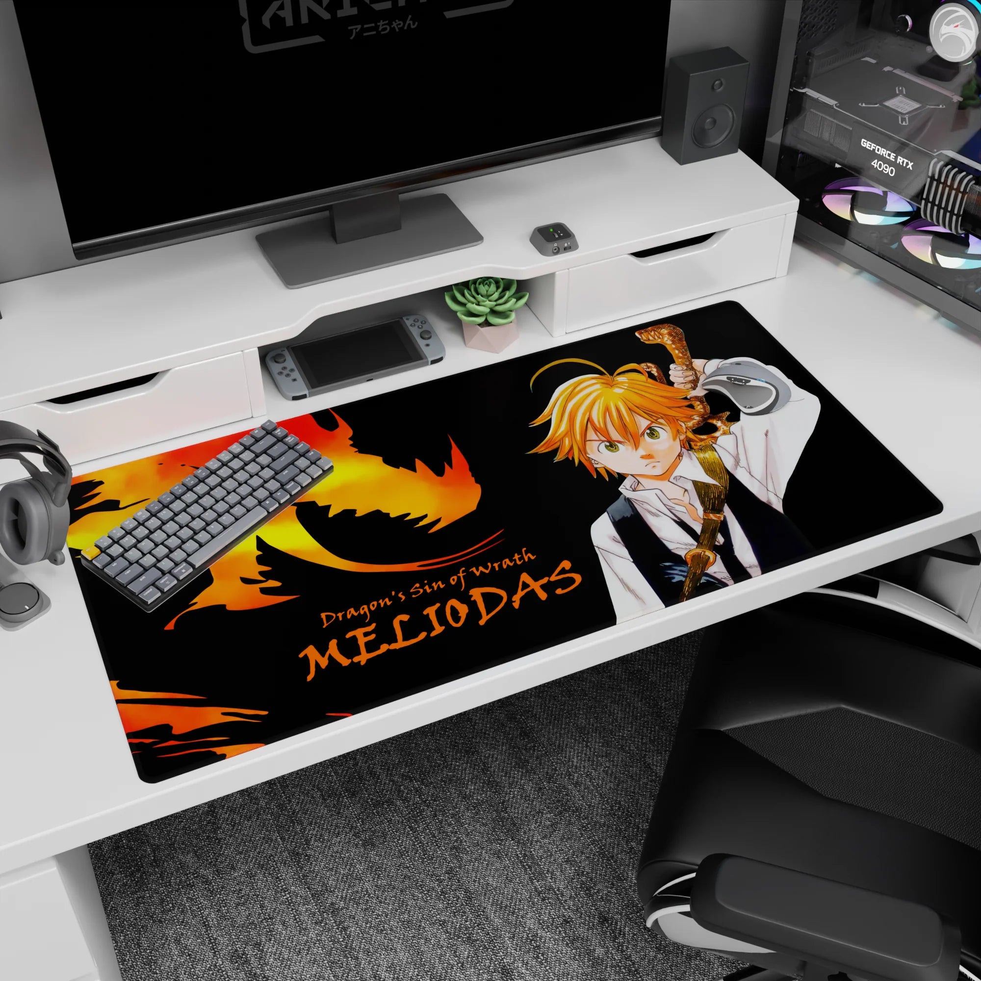 Meliodas from Seven Deadly Sins on a 40x20 inches anime desk pad, staring forward with sword raised.