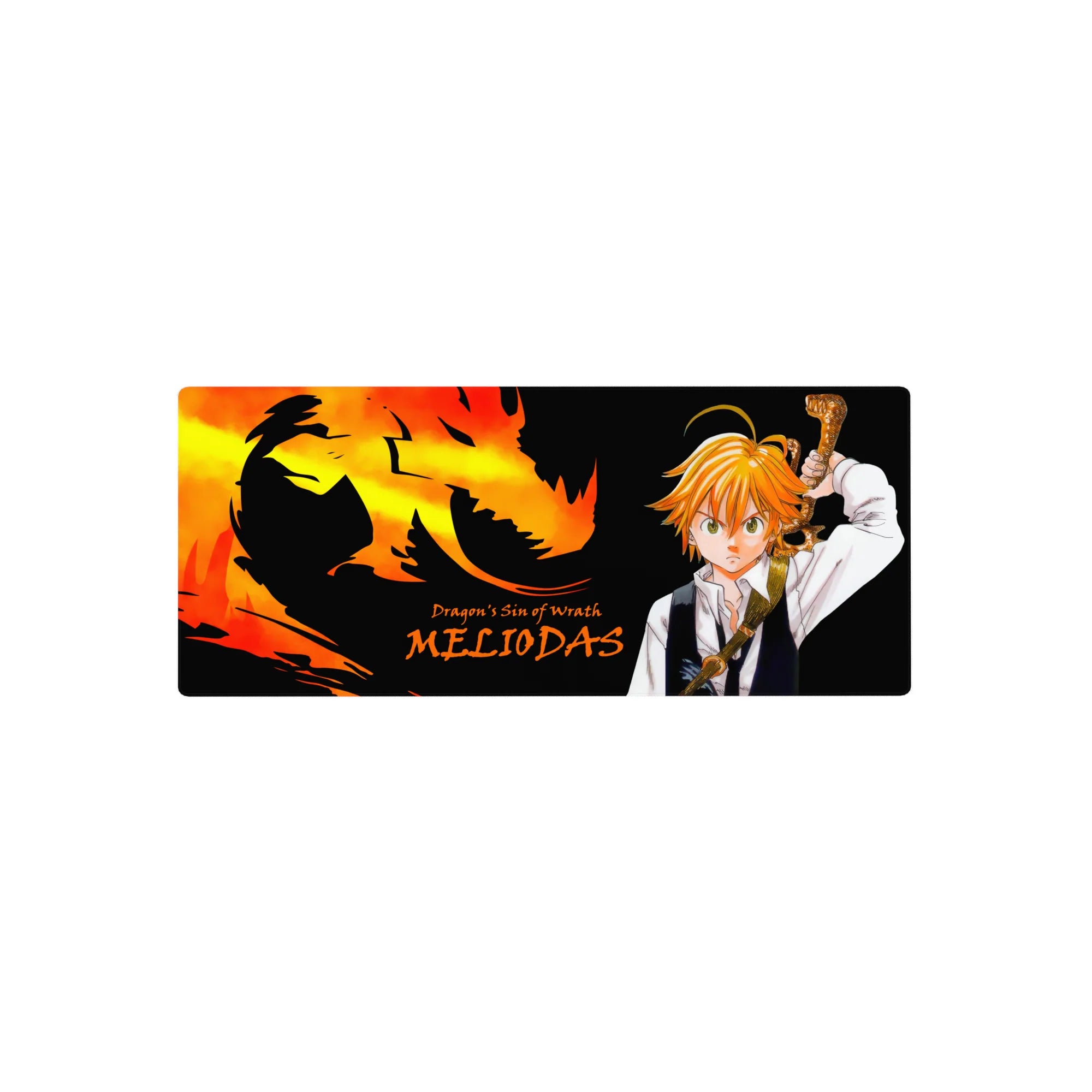 28x12 inches anime mouse pad with Meliodas, raised sword, dragon silhouette, and Dragon’s Sin of Wrath text.