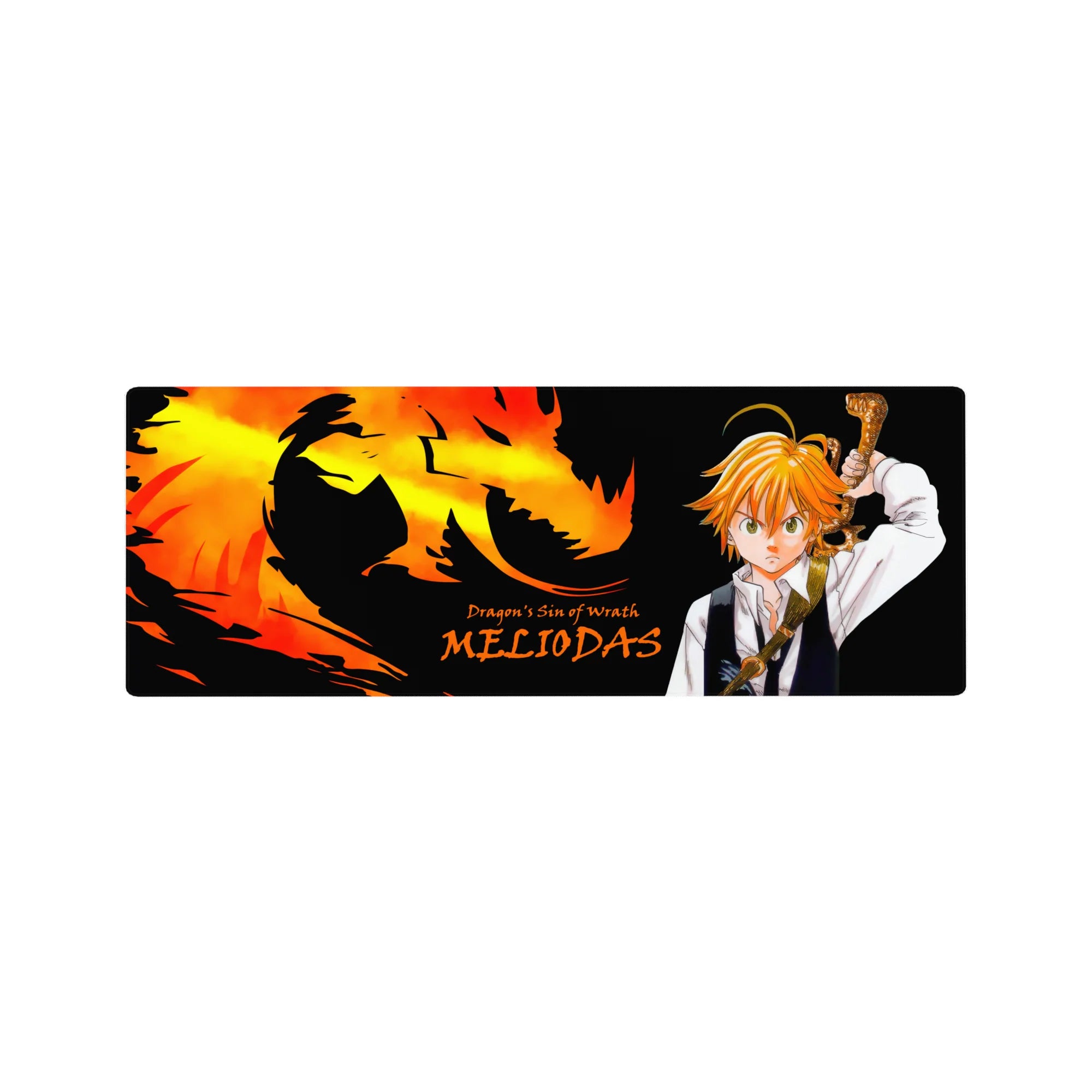 Seven Deadly Sins anime mouse pad 32x12 inches with Meliodas, dragon silhouette, and Wrath text.