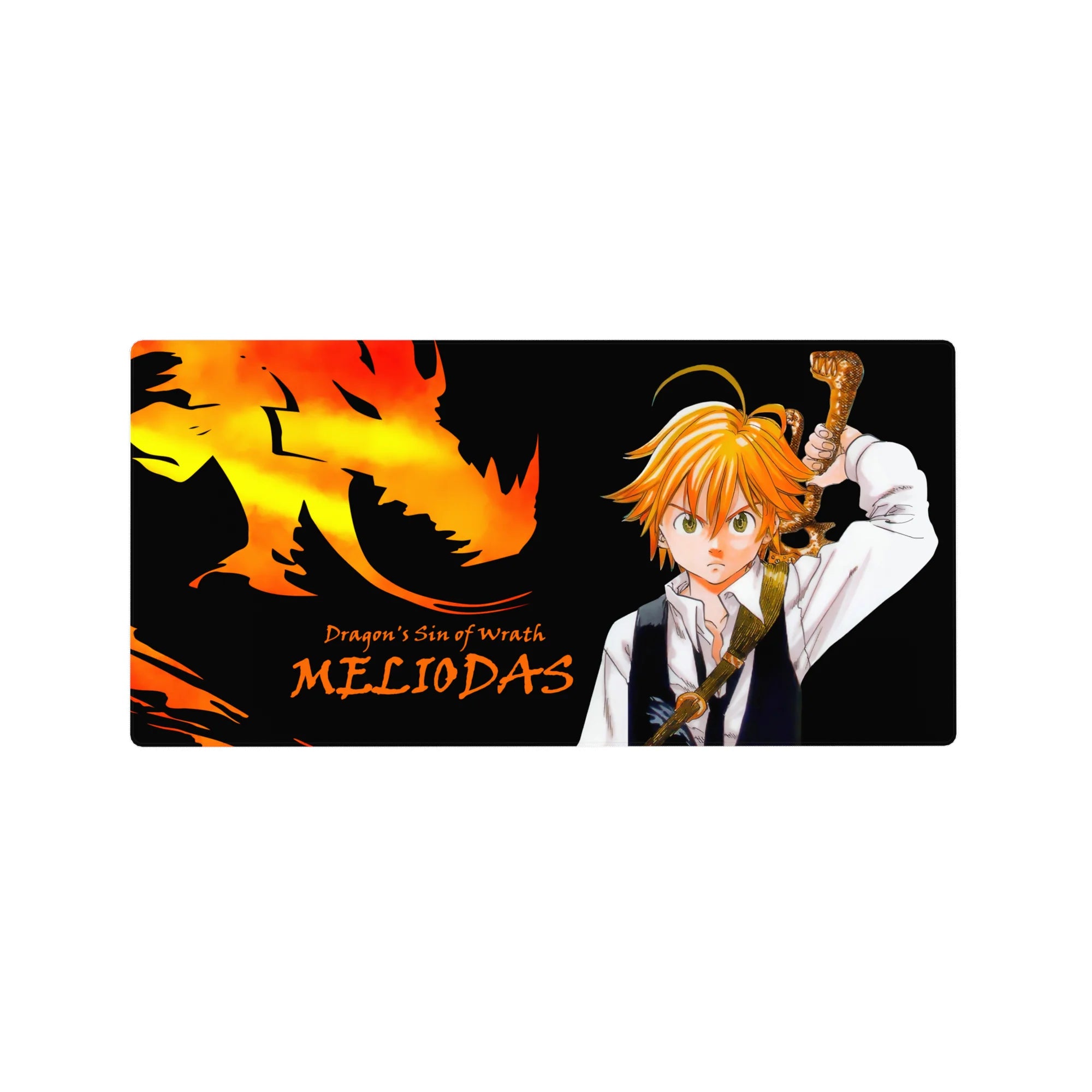 Seven Deadly Sins dragon silhouette desk mat design, Dragon’s Sin of Wrath text, 32x16 inches.