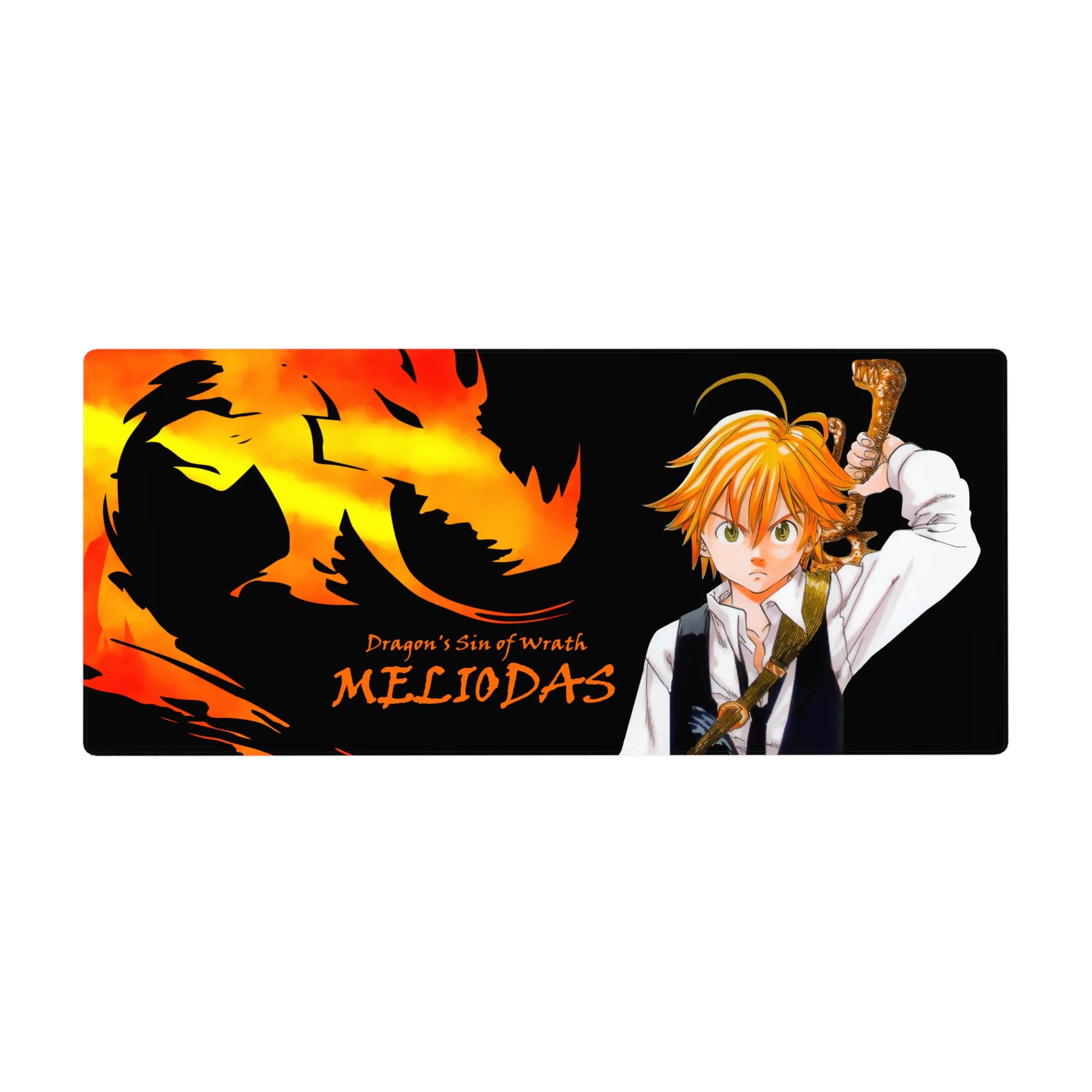 Seven Deadly Sins dragon silhouette desk pad, Dragon’s Sin of Wrath text, 36x16 inches.