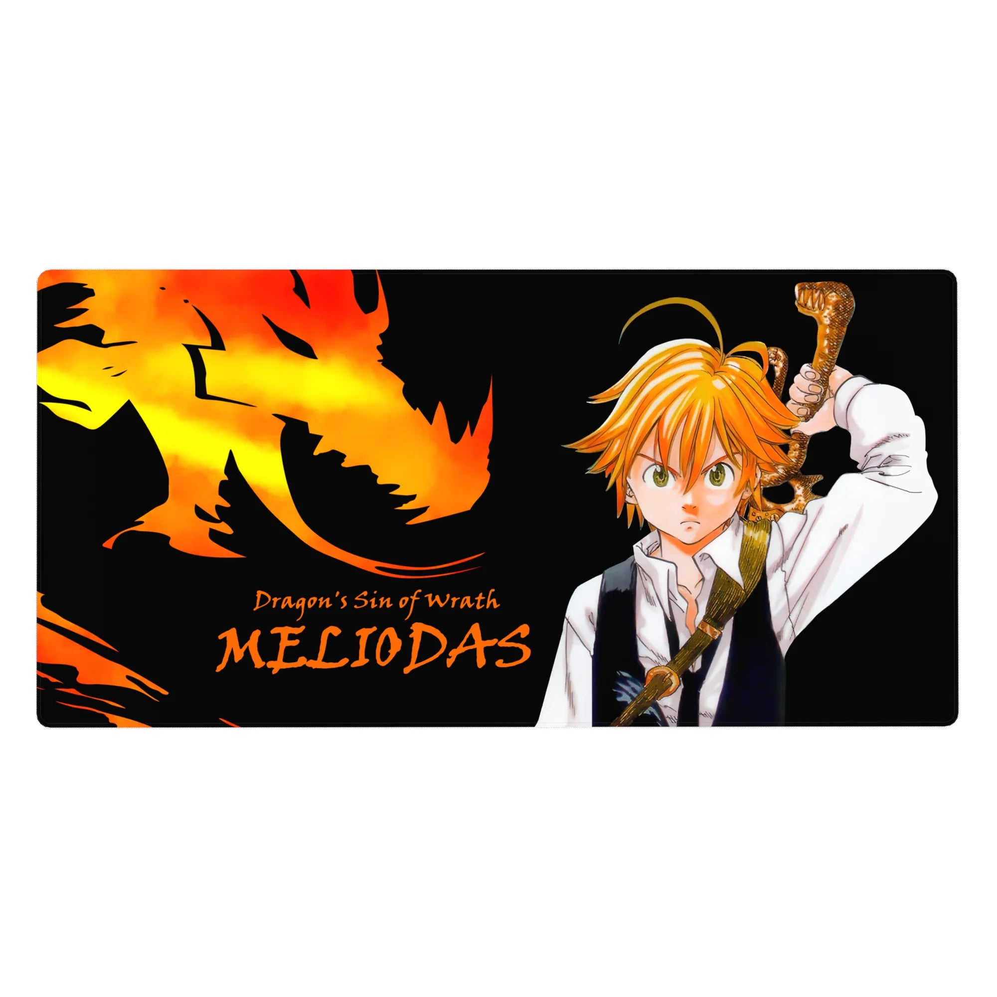 Seven Deadly Sins anime desk pad 40x20 inches with dragon silhouette, Wrath typography, and raised sword art.