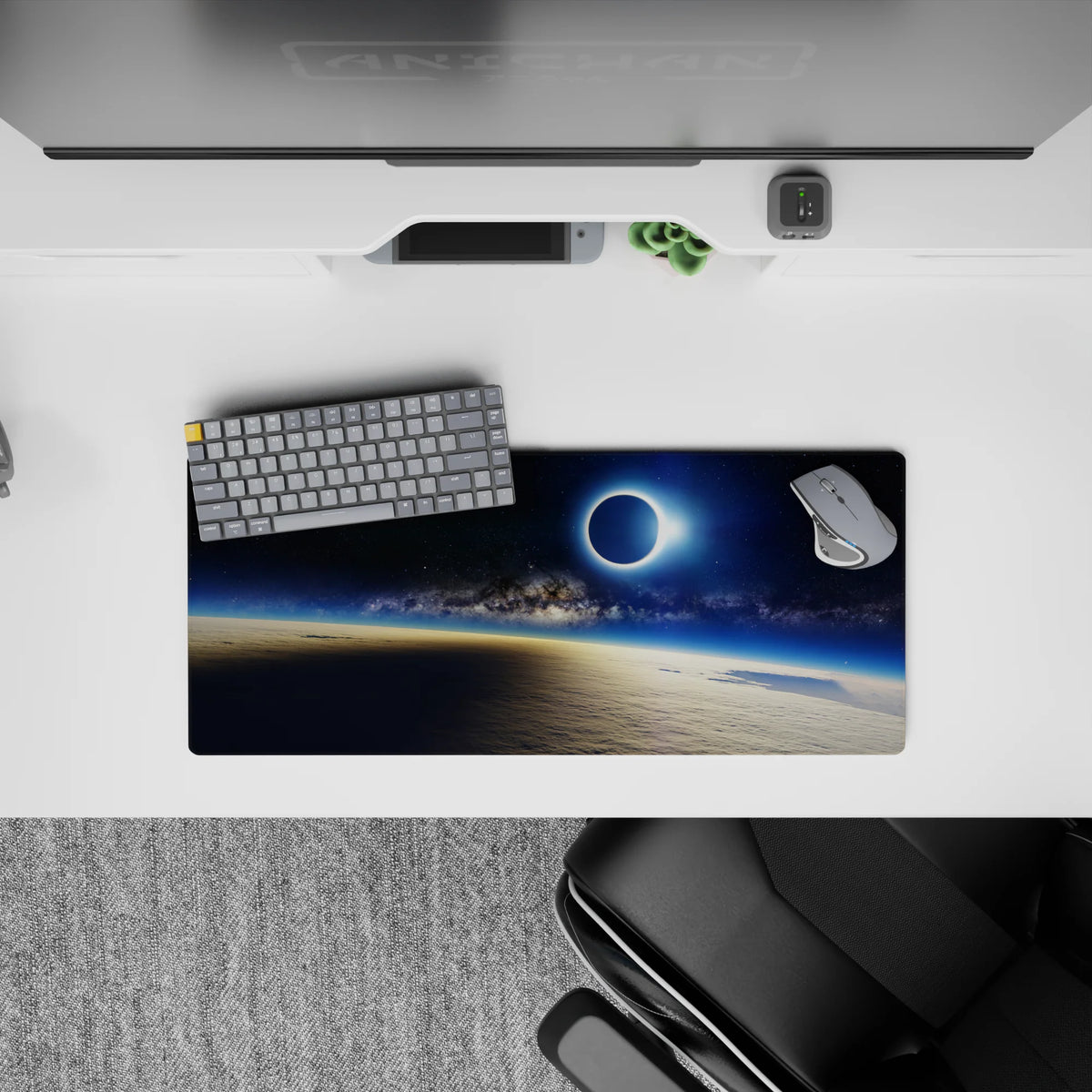 Dreamy navy-to-black blues mouse pad with tiny stars and soothing cosmic vibe, 28x12 inches.