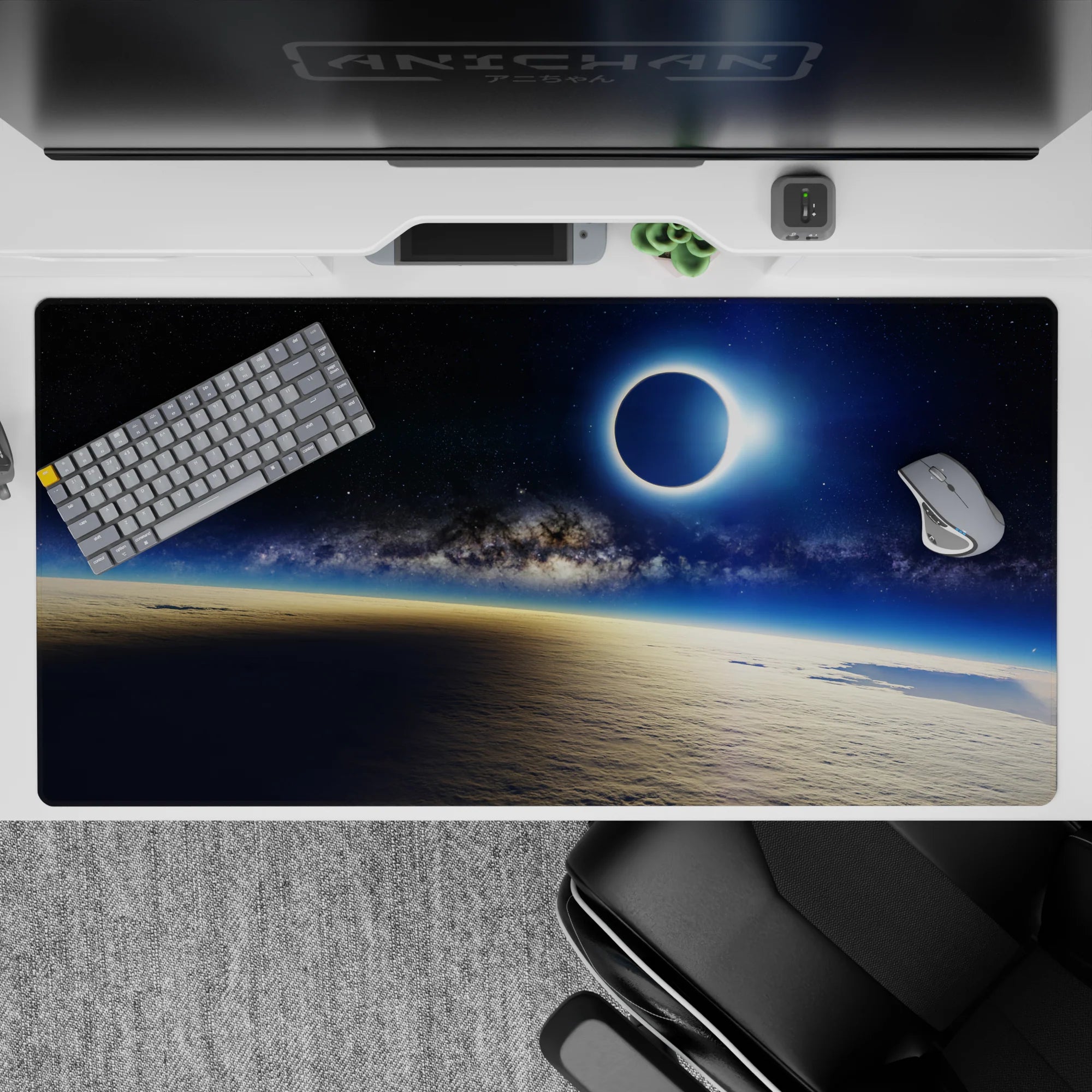 Soothing soft blue to near-black desk pad, 40x20 inches, dreamy night-sky vibe with subtle stars.
