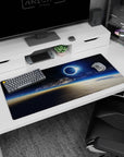 Glowing eclipse over a calm pale horizon desk pad with star field, 36x16 inches.