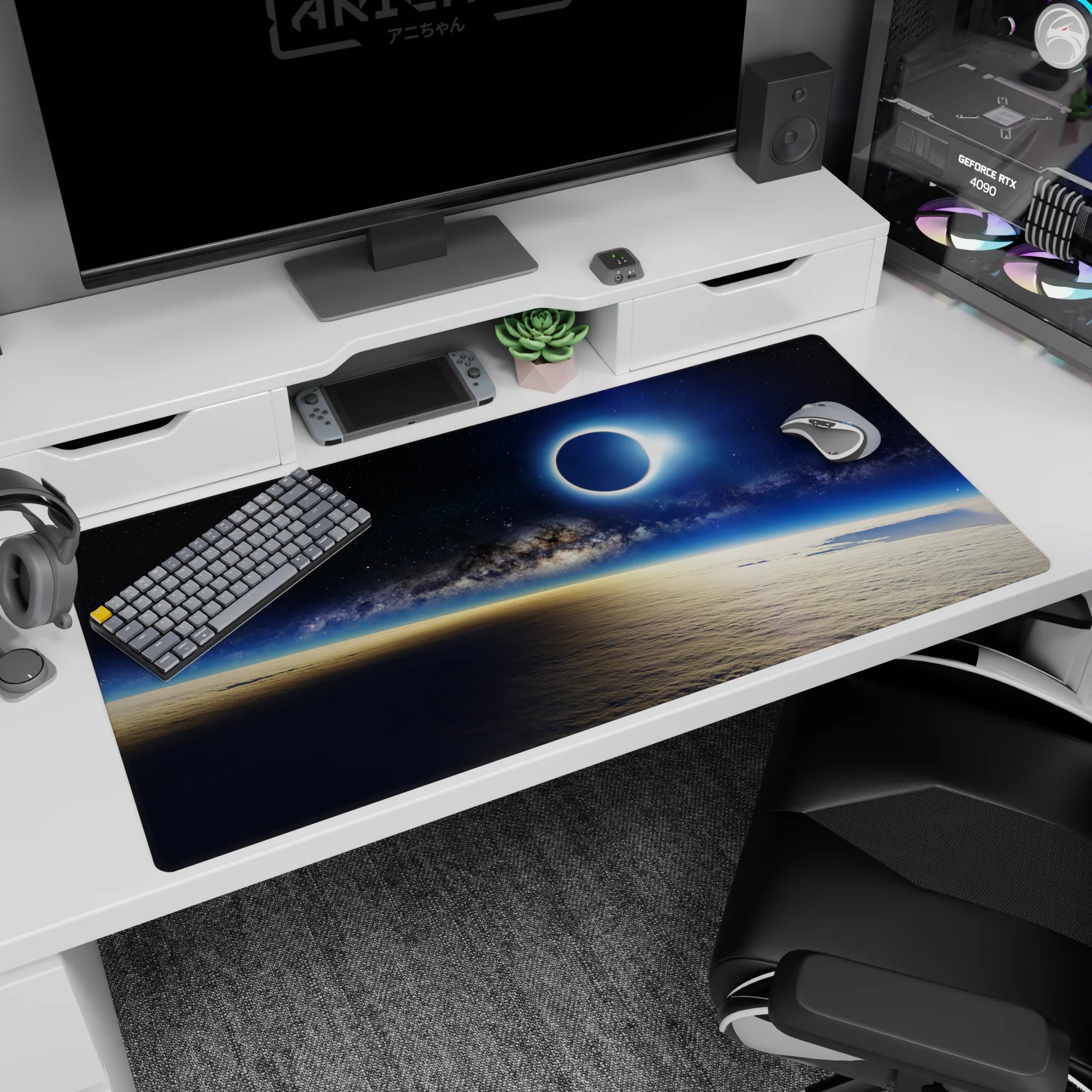 Glowing eclipse over a pale horizon desk pad, 40x20 inches, cosmic dawn scene with galaxy band.