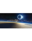 Deep navy starry sky galaxy desk pad with eclipse horizon design, 36x16 inches.