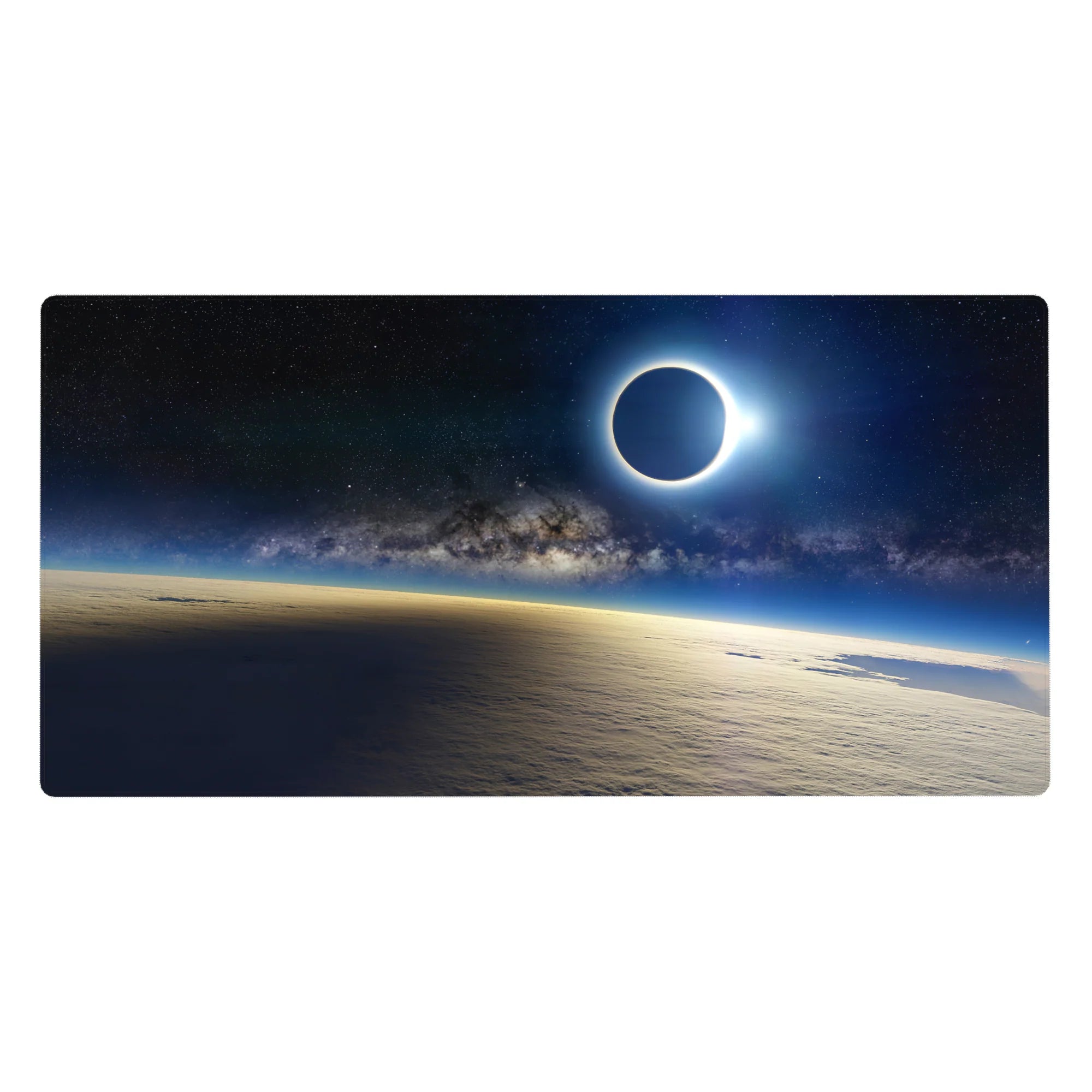 Deep navy starry sky galaxy eclipse desk pad, 40x20 inches, clean space-themed mouse pad design.