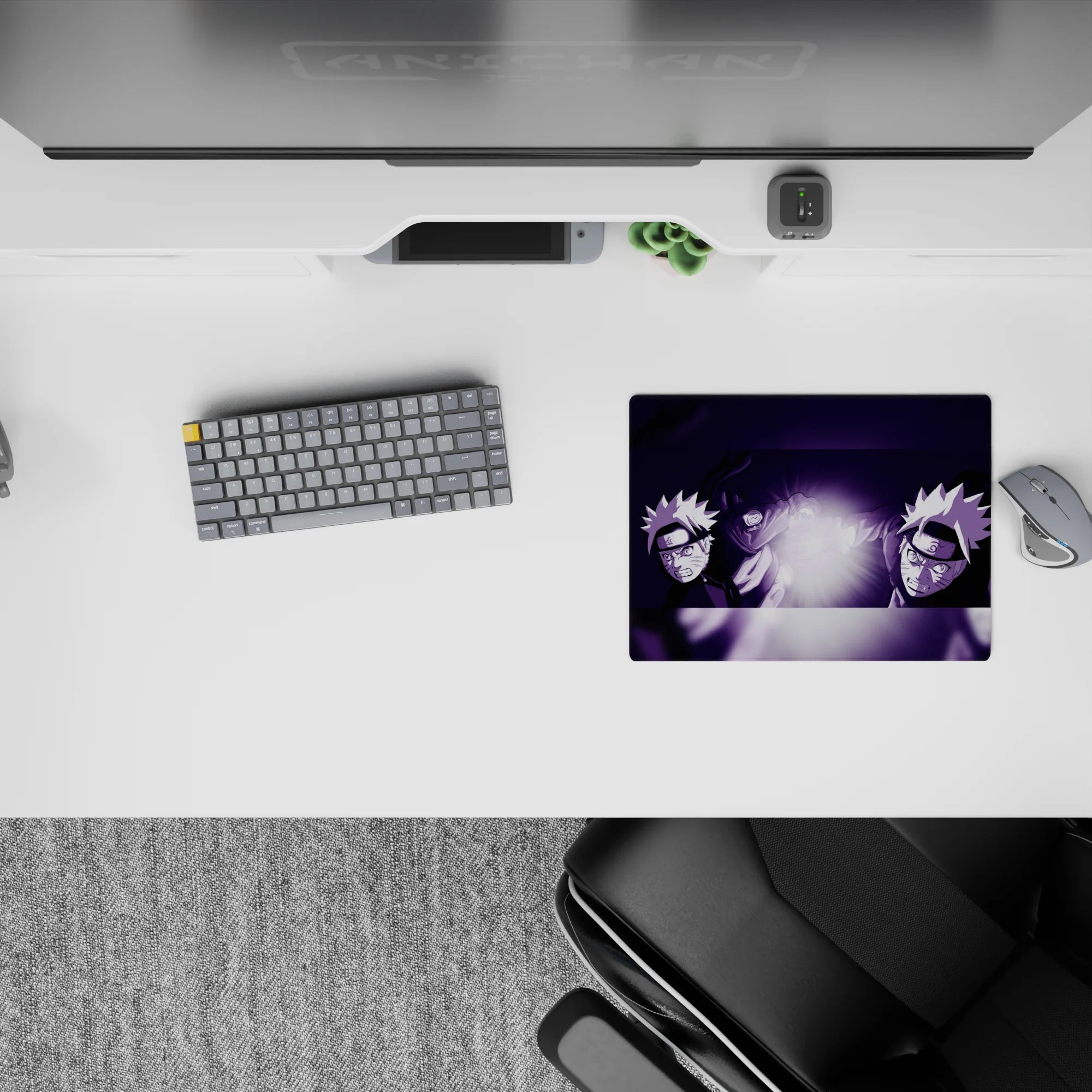 14x10 inches classic anime mouse pad in deep violet tones with an electric white chakra glow and high energy.