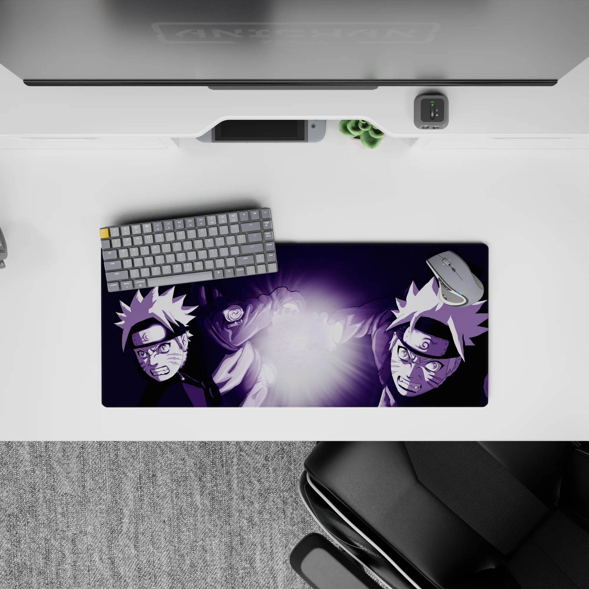 28x12 inches anime mouse pad in deep violet with electric white Rasengan glow, high-energy chaotic vibe.