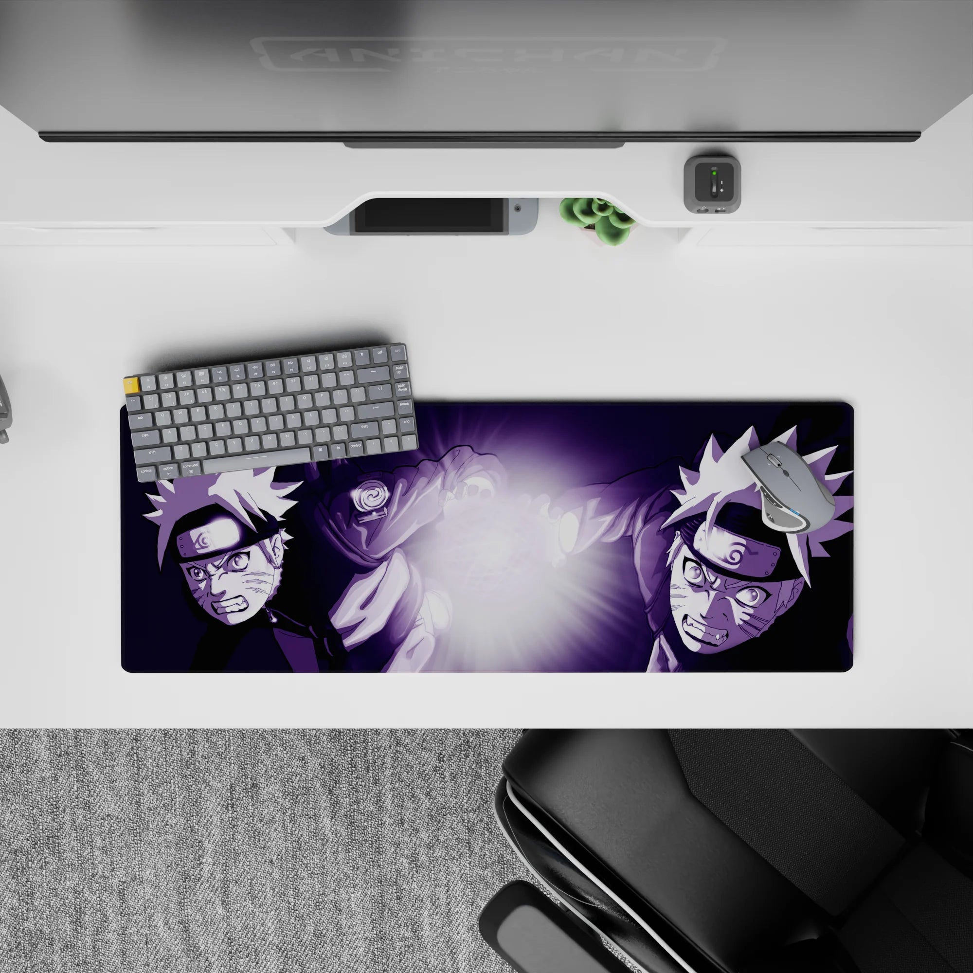 Deep violet anime mouse pad 32x12 inches with electric white Rasengan glow and intense energy.