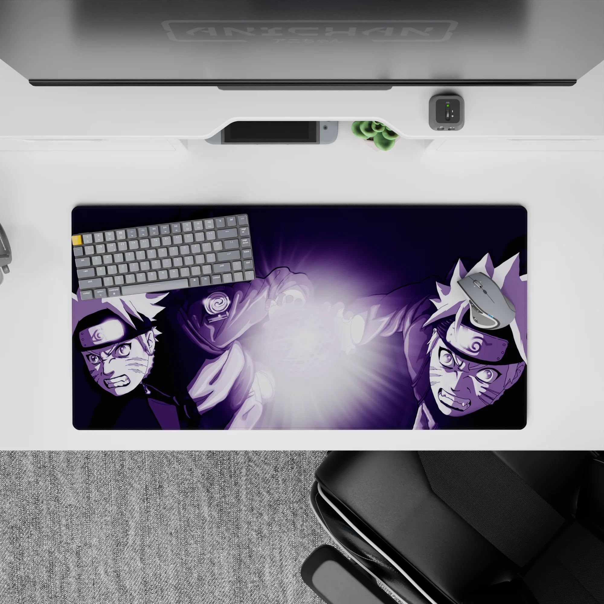 32x16 inches anime mouse pad in deep violet wash with bright white electric Rasengan glow, high-energy vibe.