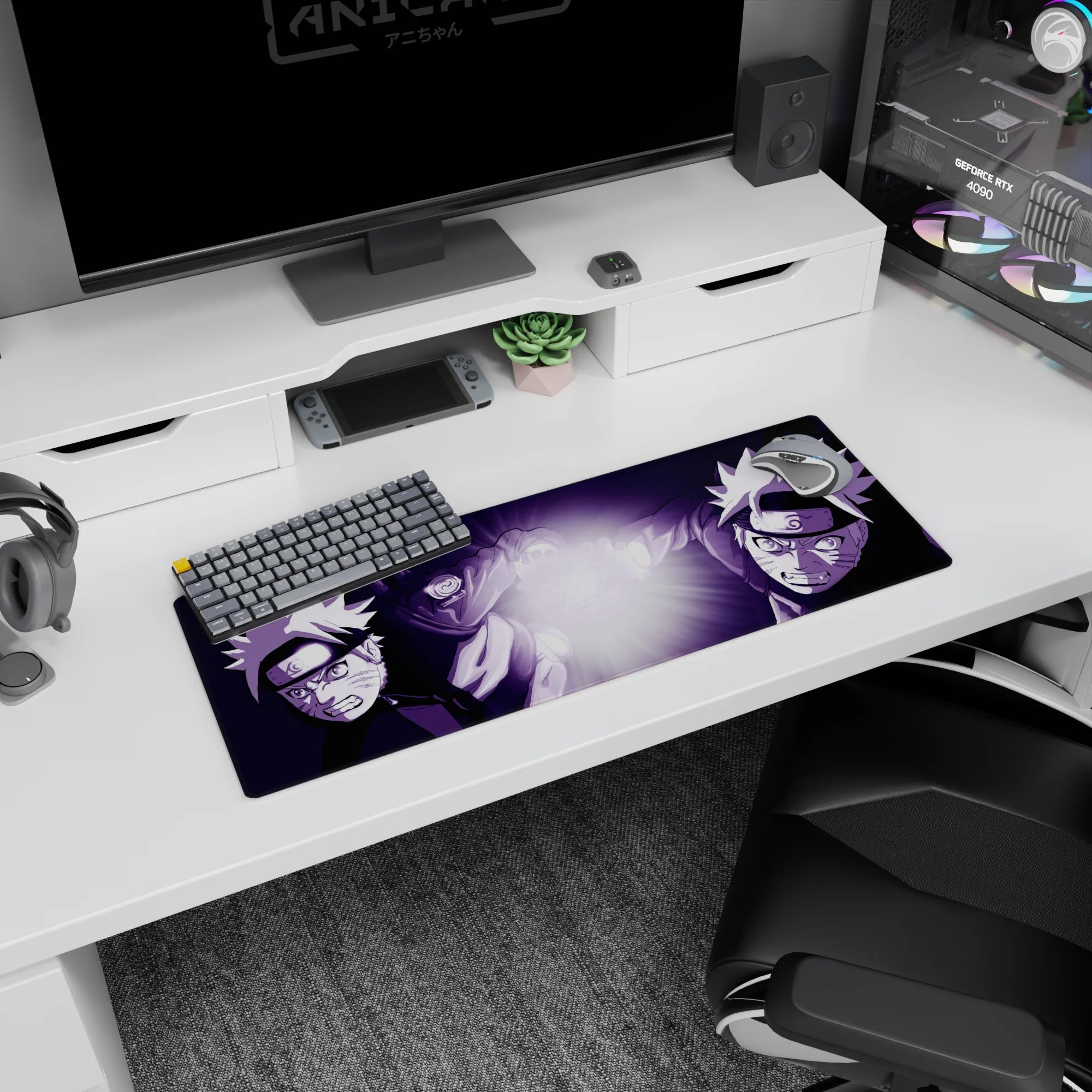 Naruto Uzumaki vs Naruto on anime mouse pad 32x12 inches, mid-lunge with a blinding Rasengan.