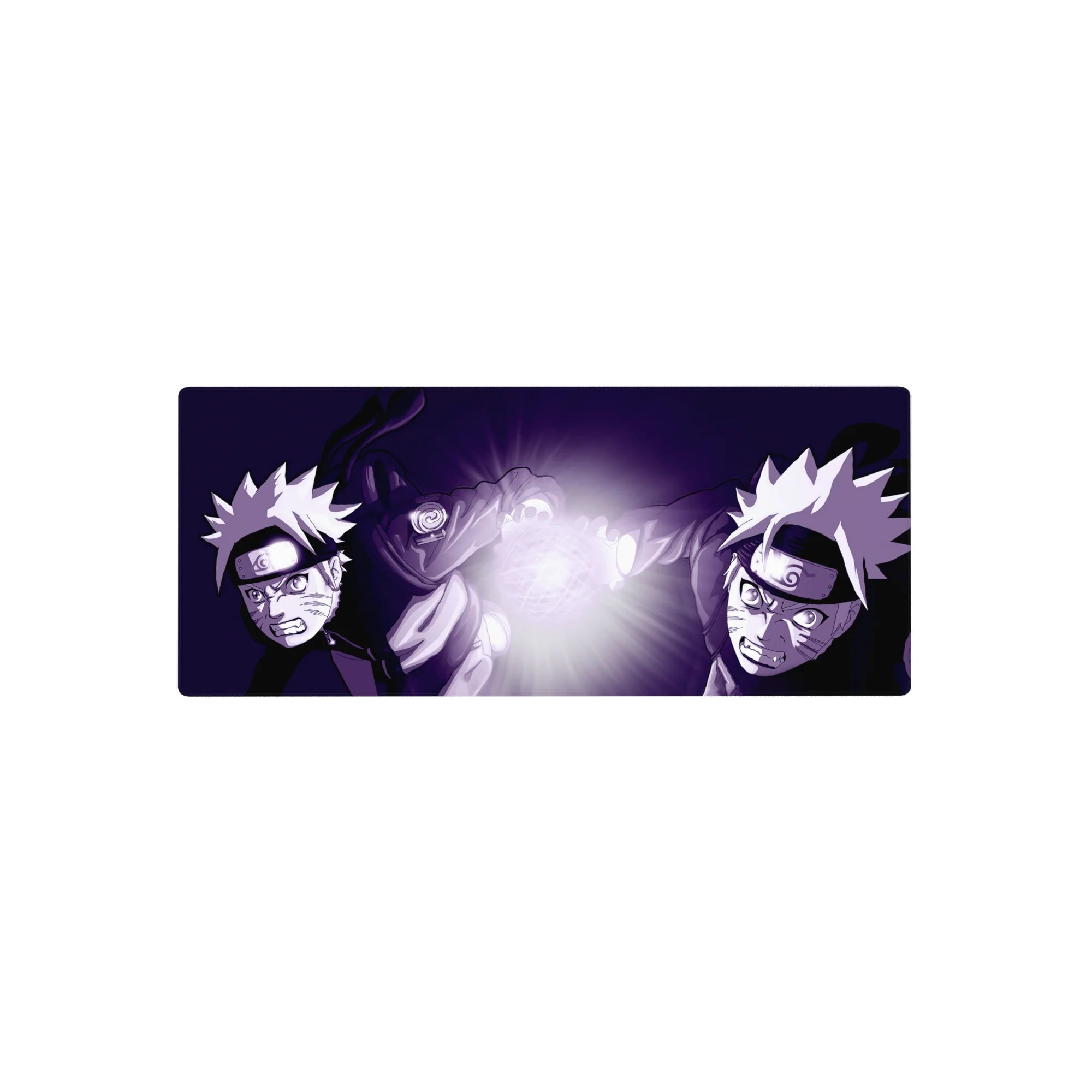 28x12 inches anime mouse pad with two Naruto lunging at a glowing Rasengan, crisp linework and headbands.