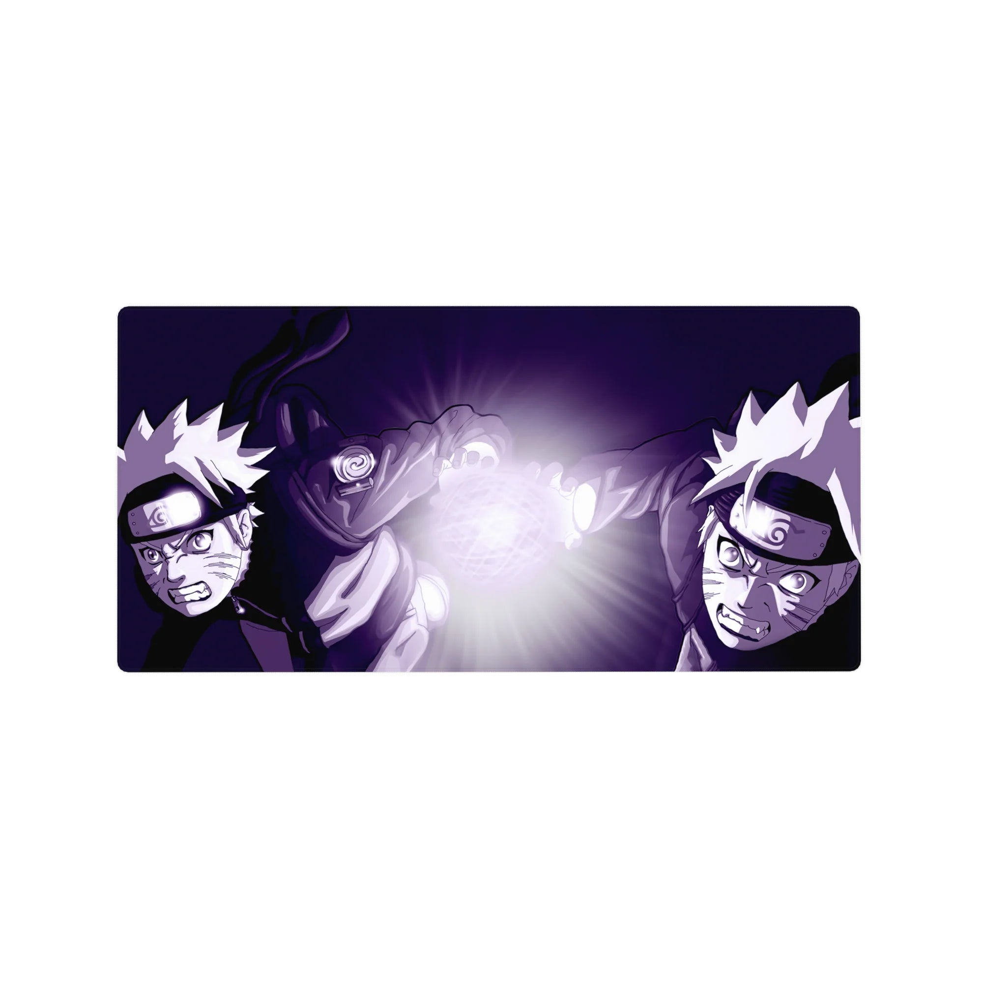 32x16 inches anime mouse pad with two Naruto figures clashing, glowing Rasengan centerpiece, crisp linework.