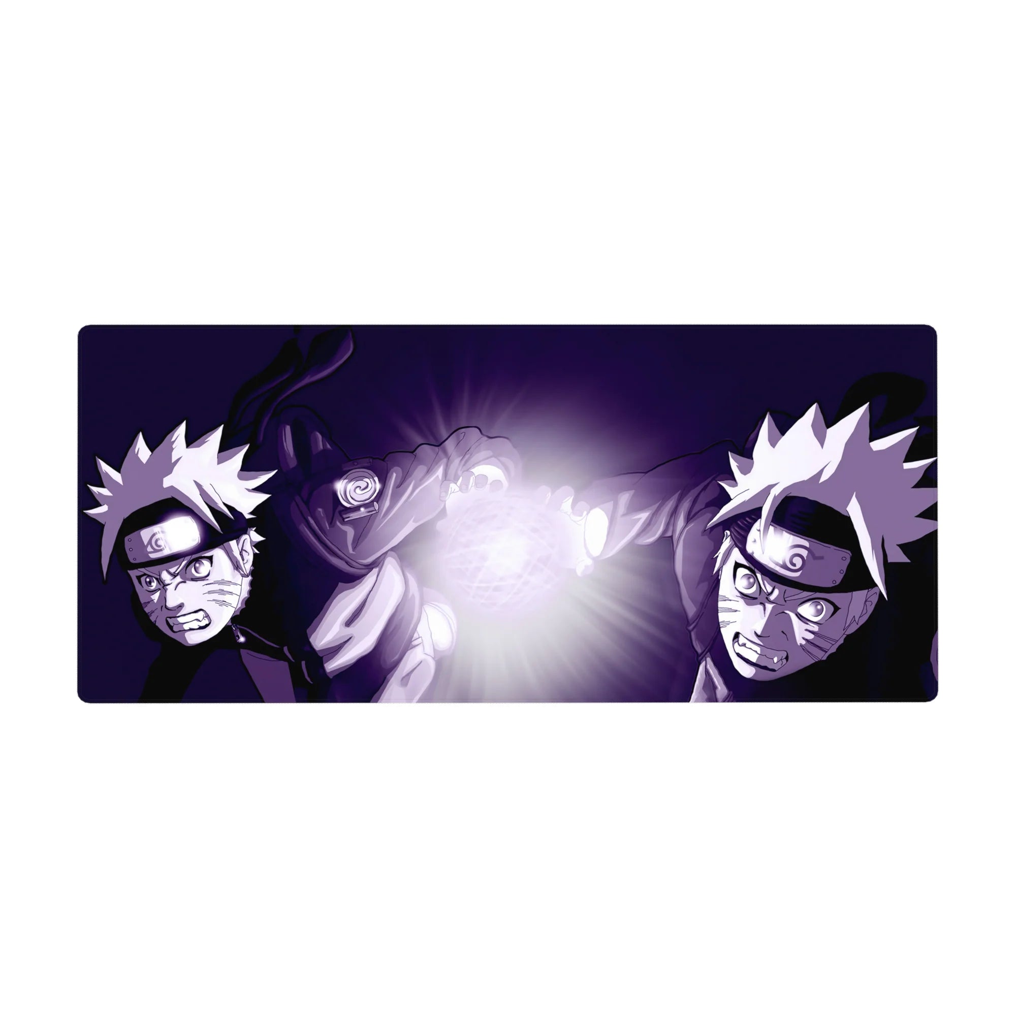 36x16 inches anime desk pad with two Naruto Uzumaki lunging at a glowing Rasengan, crisp linework.
