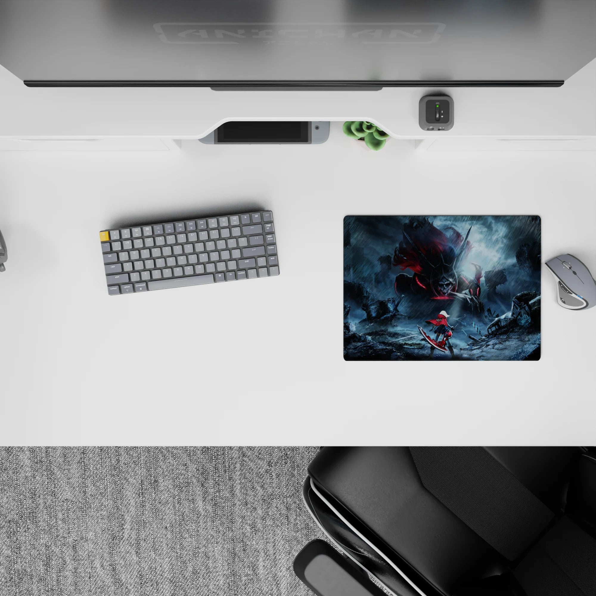 Moody storm-blue anime girl mouse pad 14x10 inches with neon crimson accents and steel city vibe.