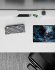 Moody storm-blue anime girl mouse pad 14x10 inches with neon crimson accents and steel city vibe.