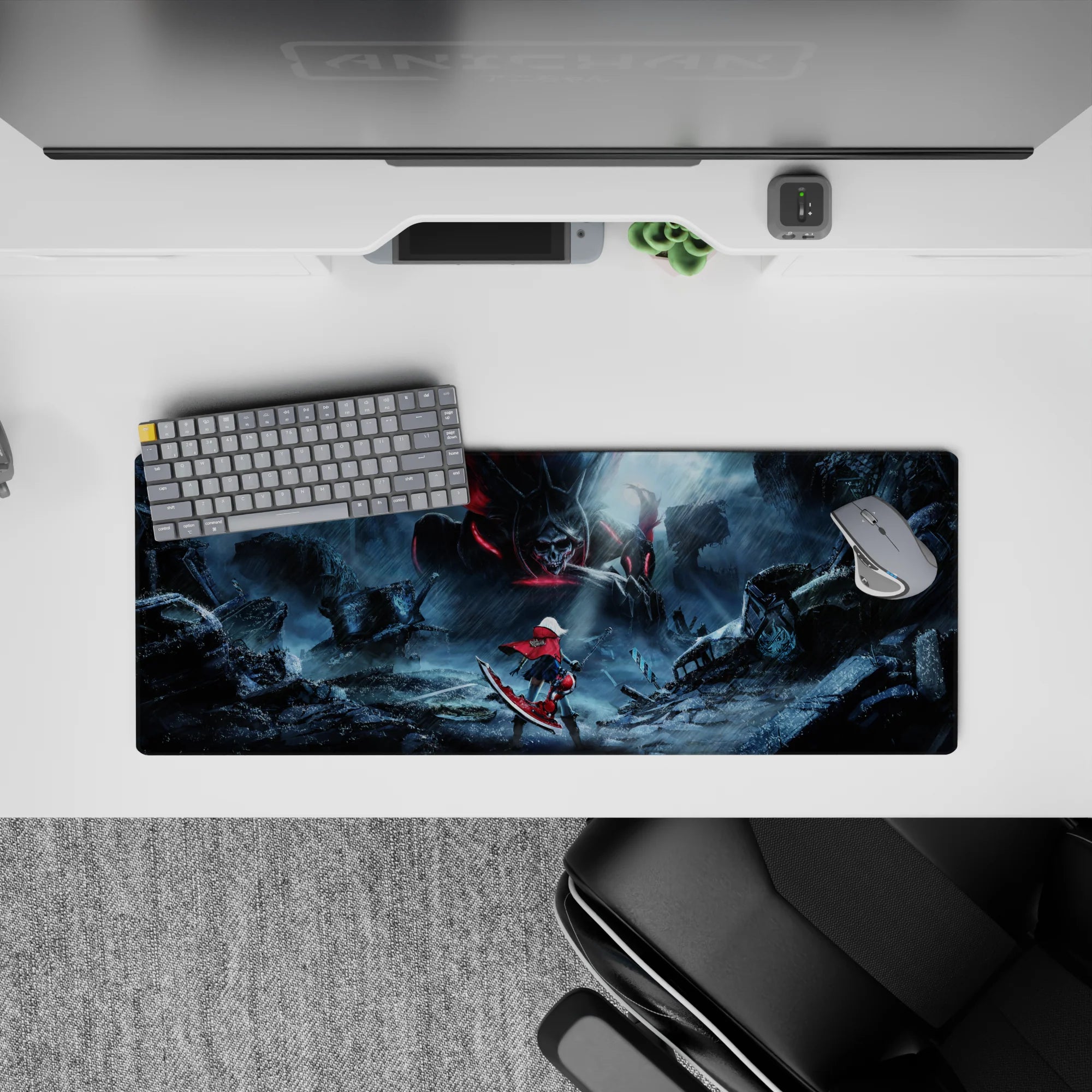 Moody storm-blue anime girl mouse pad 32x12 inches with neon crimson rain accents and steel skyline.