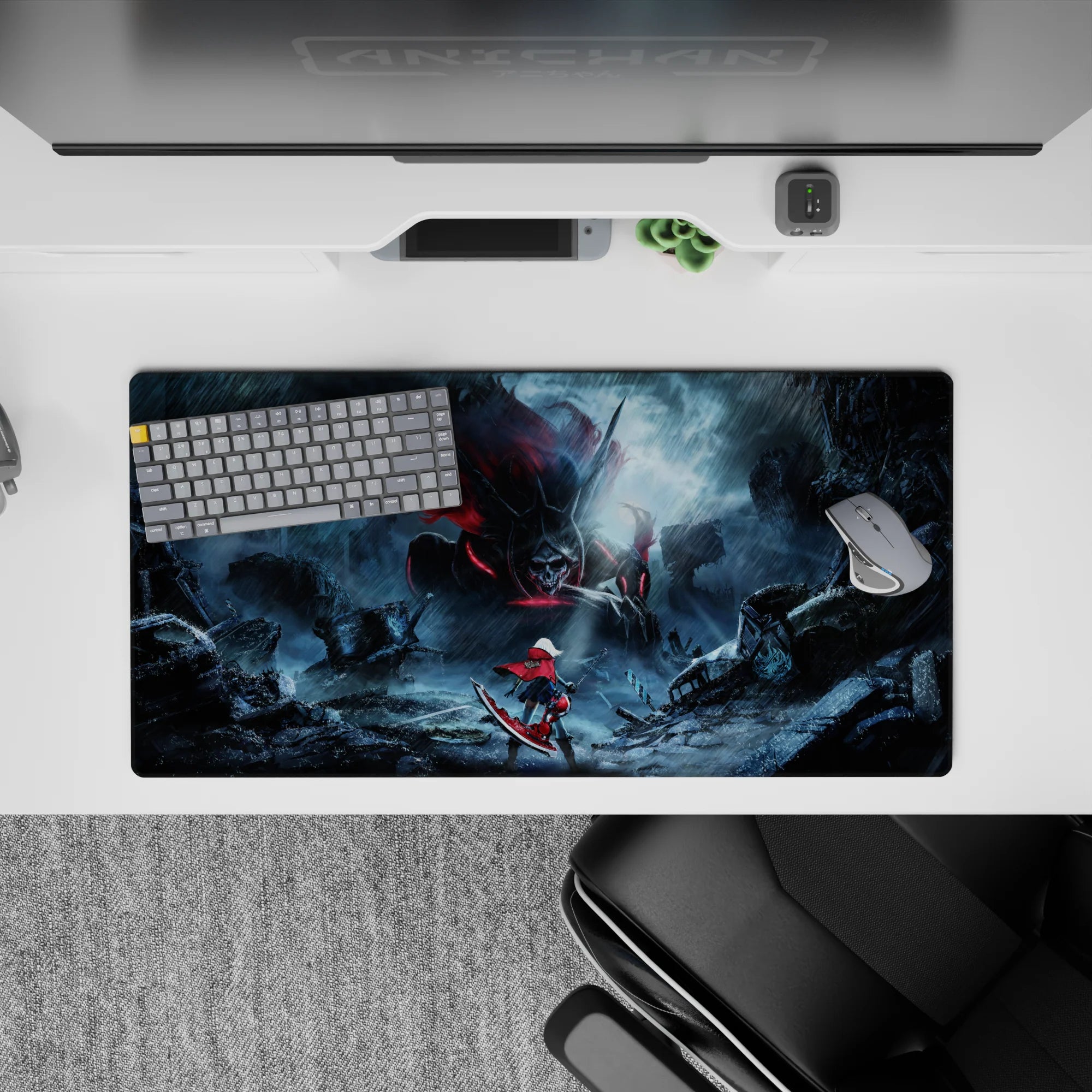 Moody storm-blue anime girl mouse pad 32x16 inches with neon crimson accents and cinematic rain.